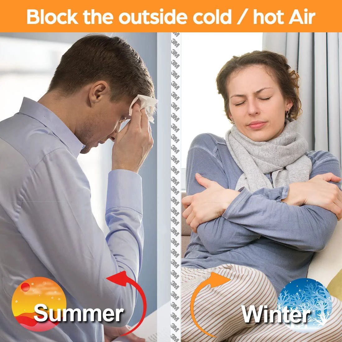 Image showing a man in summer and a woman in winter illustrating effectiveness of 33.5 Ft Weather Stripping Door Seal Strip With Self Adhesive Silicone Tape For Draft Stopper And Shower Door Bottom Seal Easy Peel And Stick Insulation Strip For Doors Windows And Glass Gaps Transparent 1 Inch And 1.4 Inch Widths.