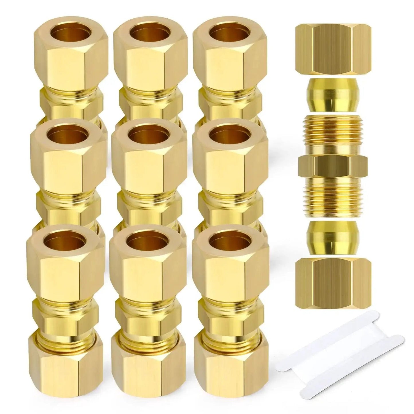 Brass Compression Tube Fitting Connector 10 Pcs 1 Quarter Inch OD To 1 Quarter Inch OD Set For Fuel Air Liquid Oil Gas Vacuum Lines