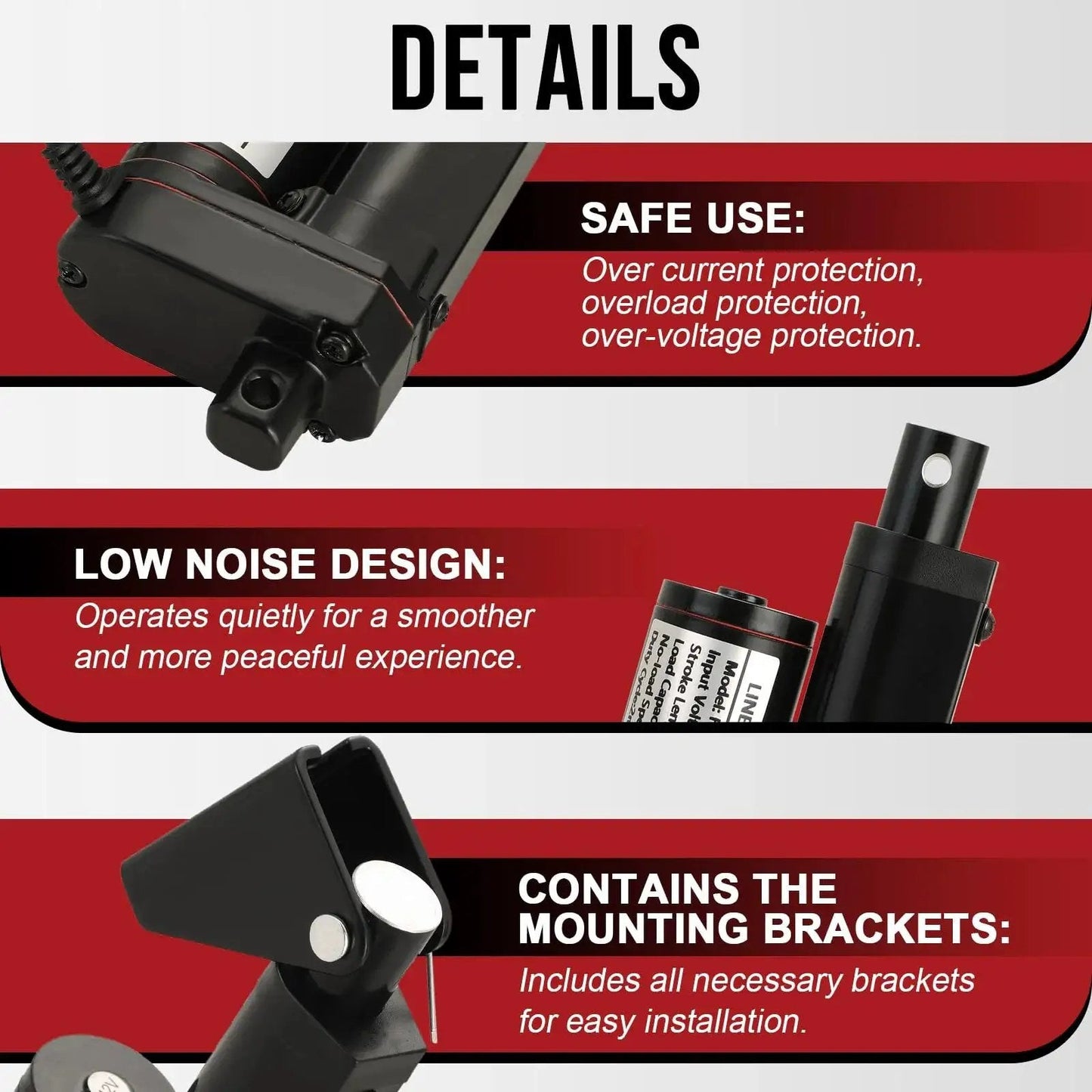 Beefy 12V Linear Actuator With 4 Inch Stroke And 202 Lb Load, IP54 Outdoor Rated details showing safety, noise, and brackets