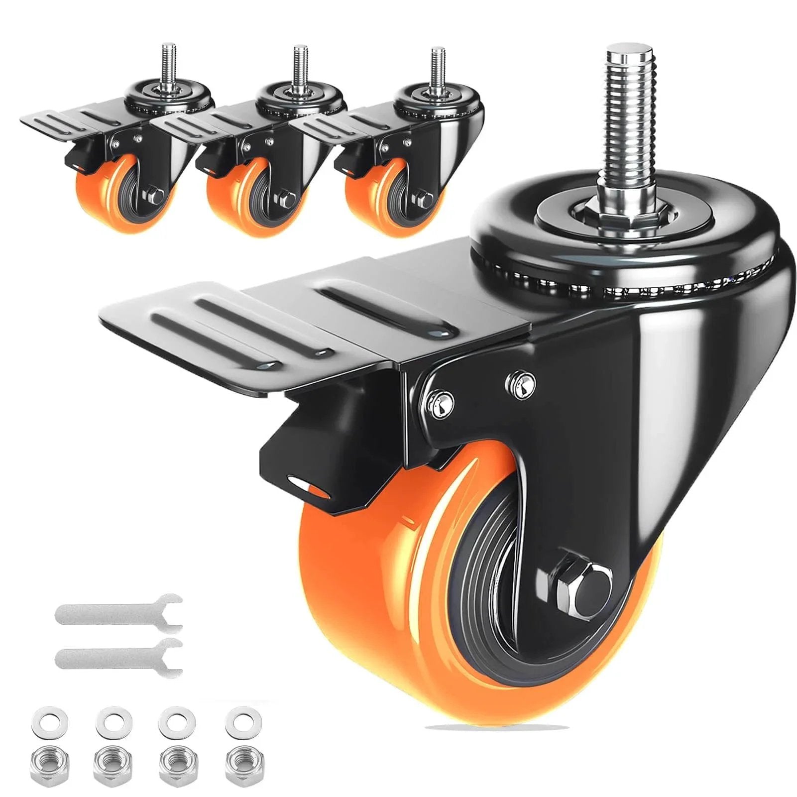 Heavy Duty Stem Caster Wheels Set of 4 with 2 Inch Swivel Casters and 1 Inch Stem Length 1/4-20 Threaded Brakes