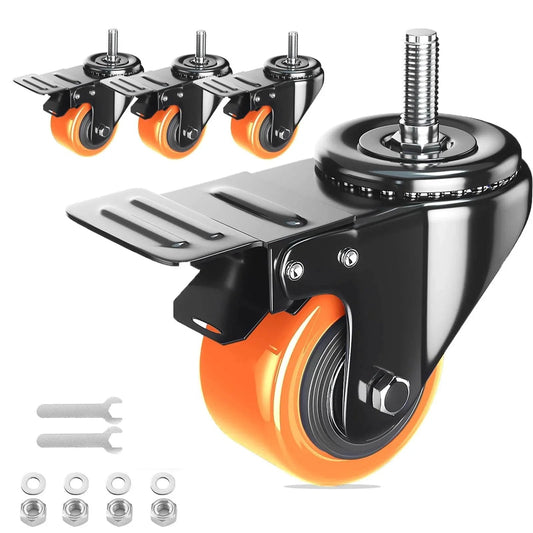 Heavy Duty Stem Caster Wheels Set of 4 with 2 Inch Swivel Casters and 1 Inch Stem Length 1/4-20 Threaded Brakes