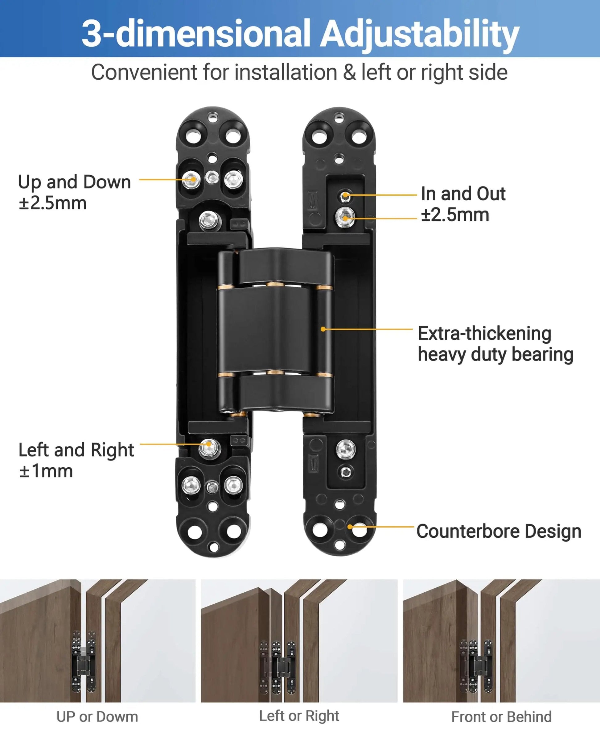 Heavy Duty Concealed Door Hinges 7 Inch Black Set Of 2 Hidden Hinges with 3 Way Adjustable and 180 Degree Swing