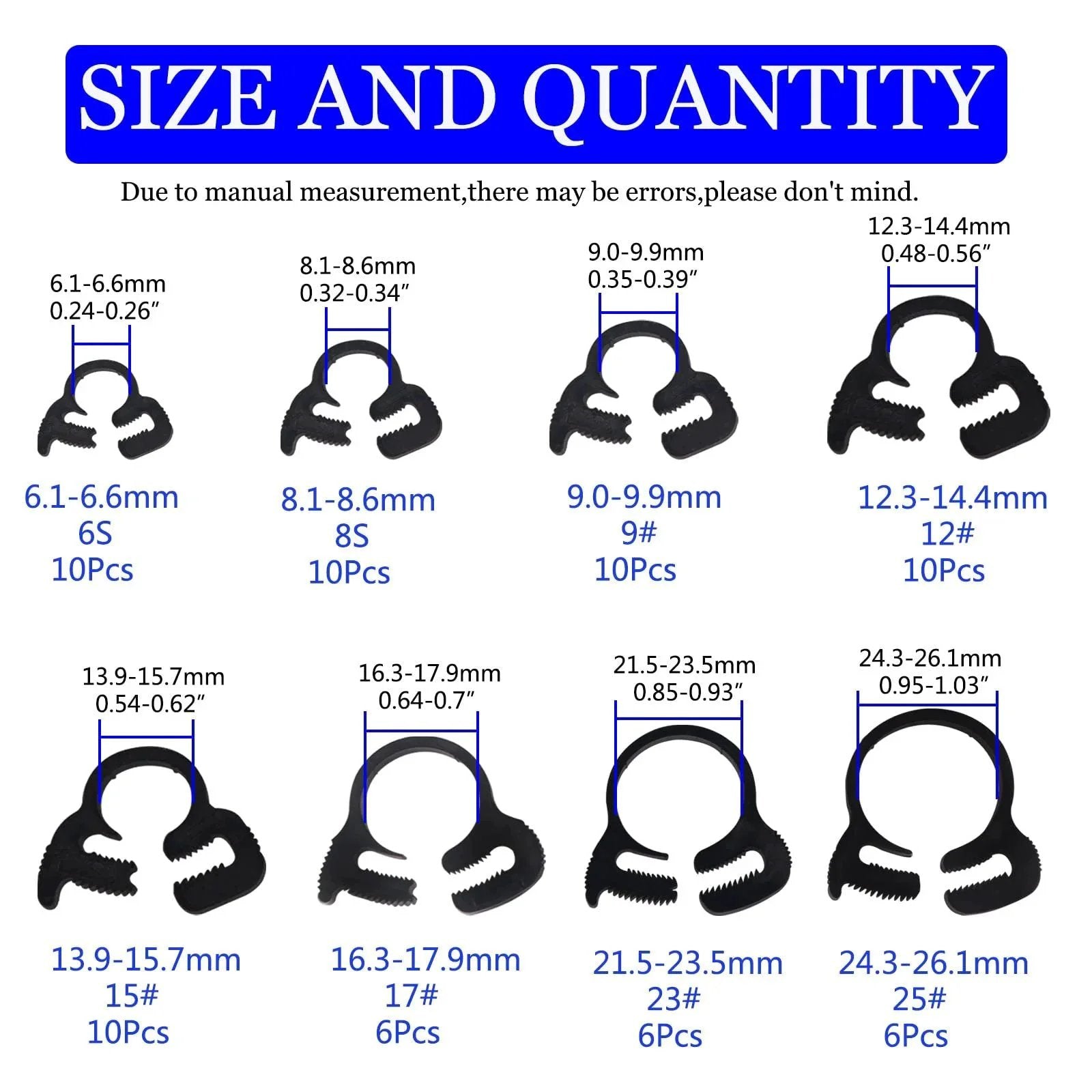Heavy Duty Ratcheting Hose Clamp Set 6.1 To 26.1 Mm Adjustable Nylon Plastic Double Snap Grip 8 Size Kit With 68 Pieces Black Corrosion Resistant Construction For Automotive Marine And Home DIY Applications shown in size chart.