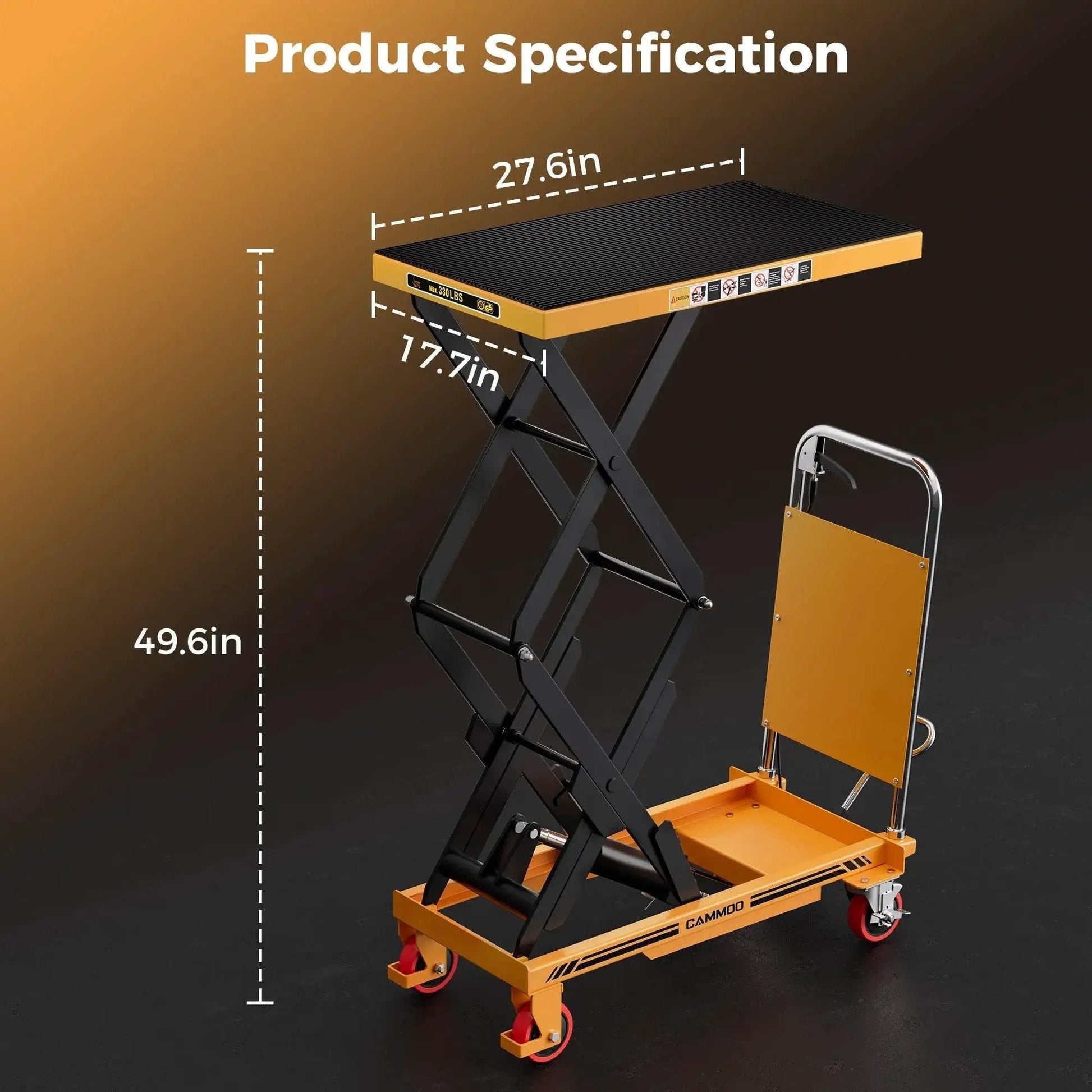 Hydraulic Lift Table Cart 330 Lb Capacity 49.6In Lift Height Non Slip Pad with carbon steel and PU wheels, product specifications.