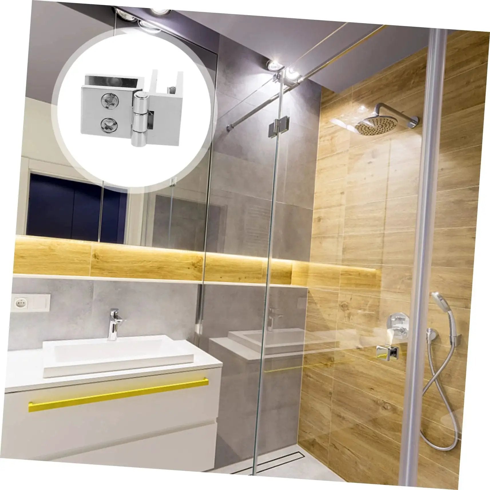 Bathroom scene with luxury shower door featuring Set Of Four Heavy Duty Glass Door Hinges For Cabinets And Bookcases Perfect For Wine Cabinets.