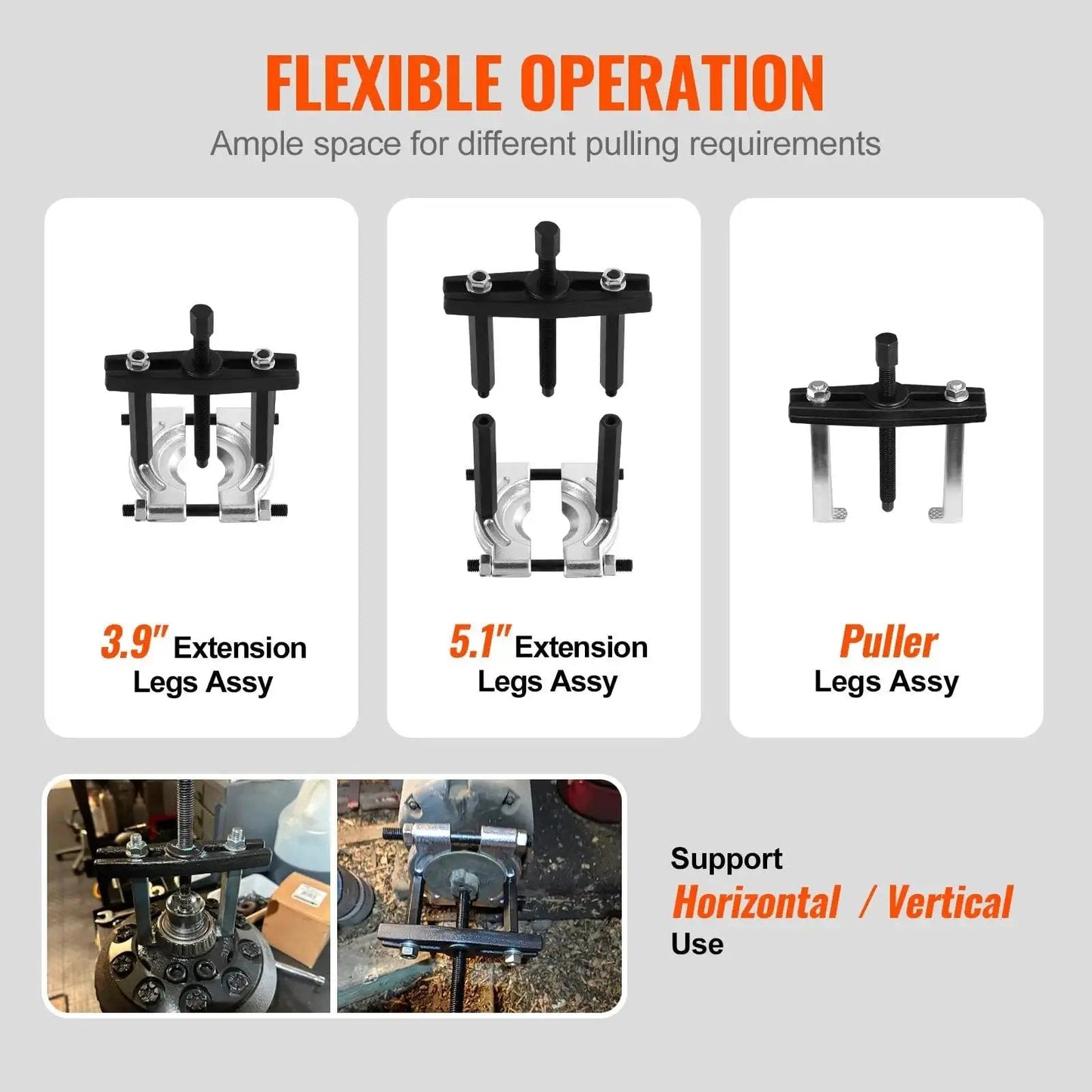 14 Piece Bearing Puller Kit With 5 Ton Capacity, showing flexible operation with 3.9" and 5.1" extension legs and puller legs assembly.