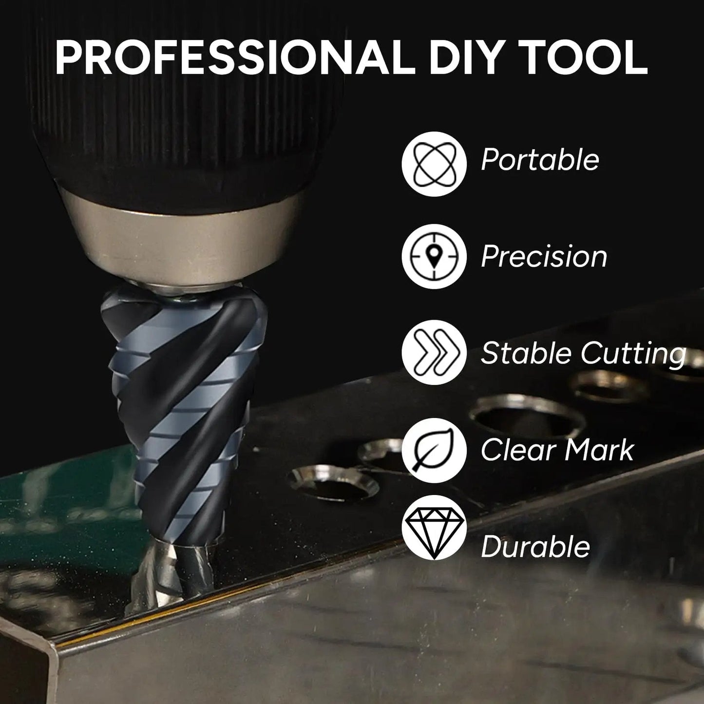 Close-up of Five Piece Four Spiral Flute Step Drill Bit Set 1/8 To 1-3/8 Inch High Speed Steel Unibit drilling into metal.