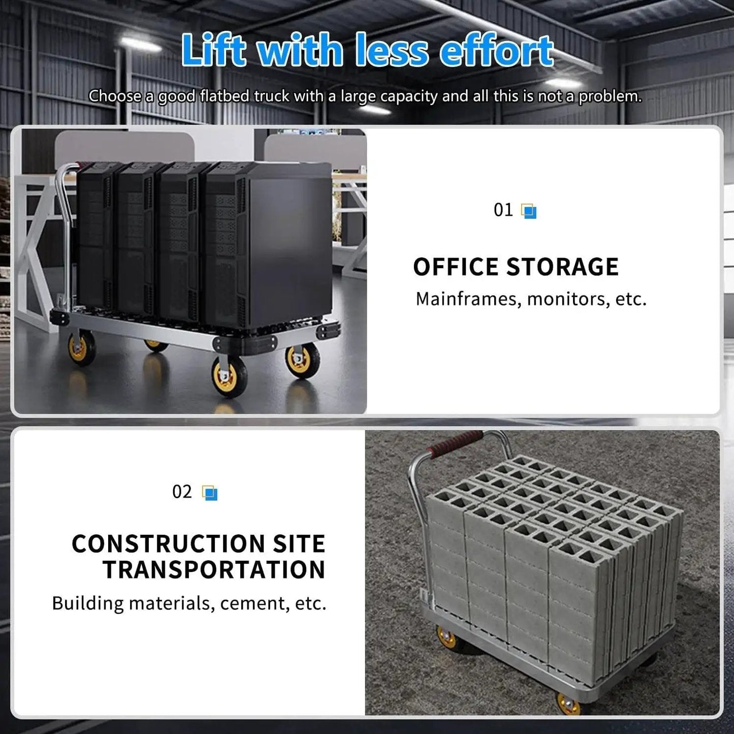 Foldable Platform Truck Push Dolly Heavy Duty 2000 Lb Capacity With Brake And 6 Inch 360 Degree Swivel Wheels shown with office and construction items.