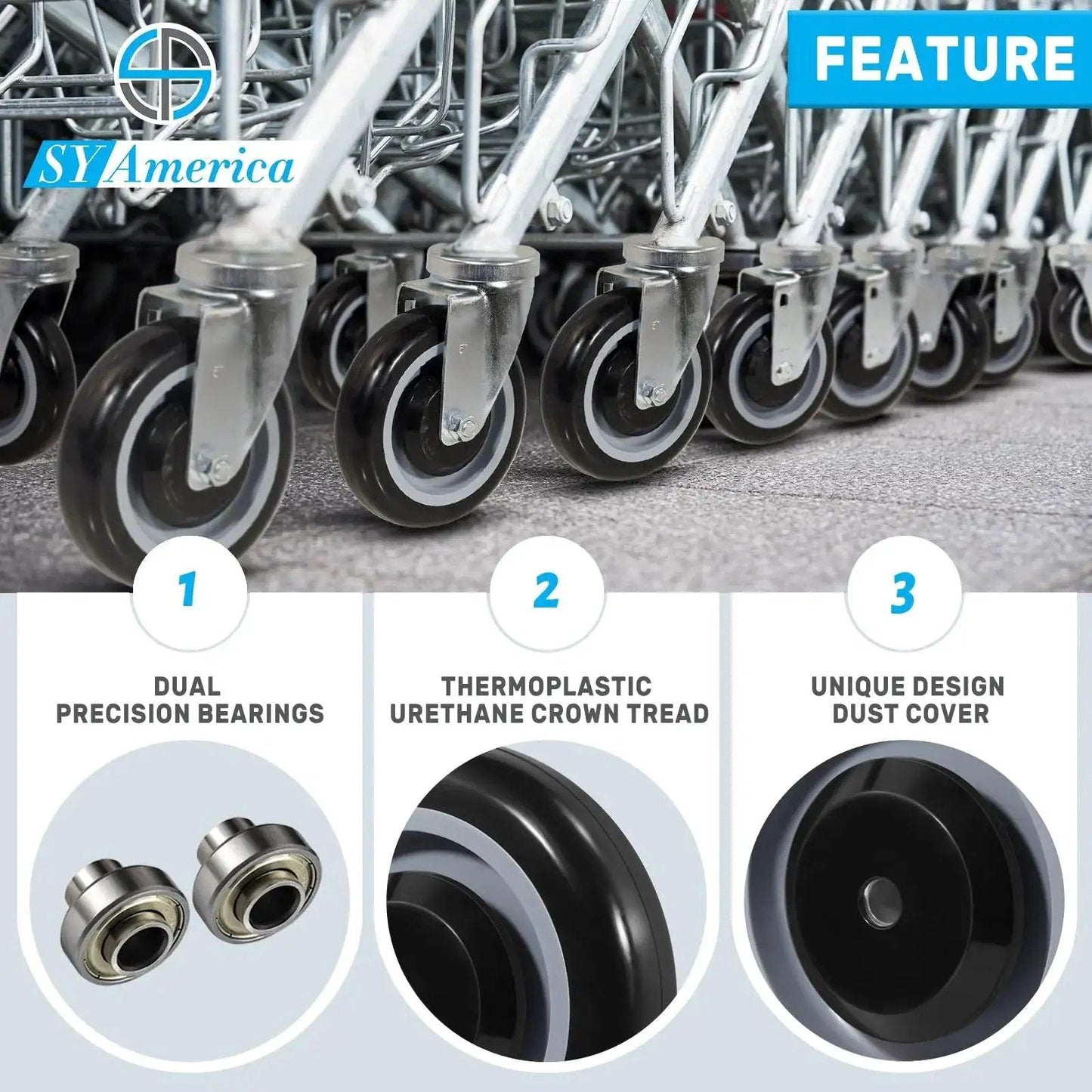 5 Inch Shopping Cart Replacement Wheels Kit With Dual Precision Bearings, Polyurethane Wheels Set for carts shown