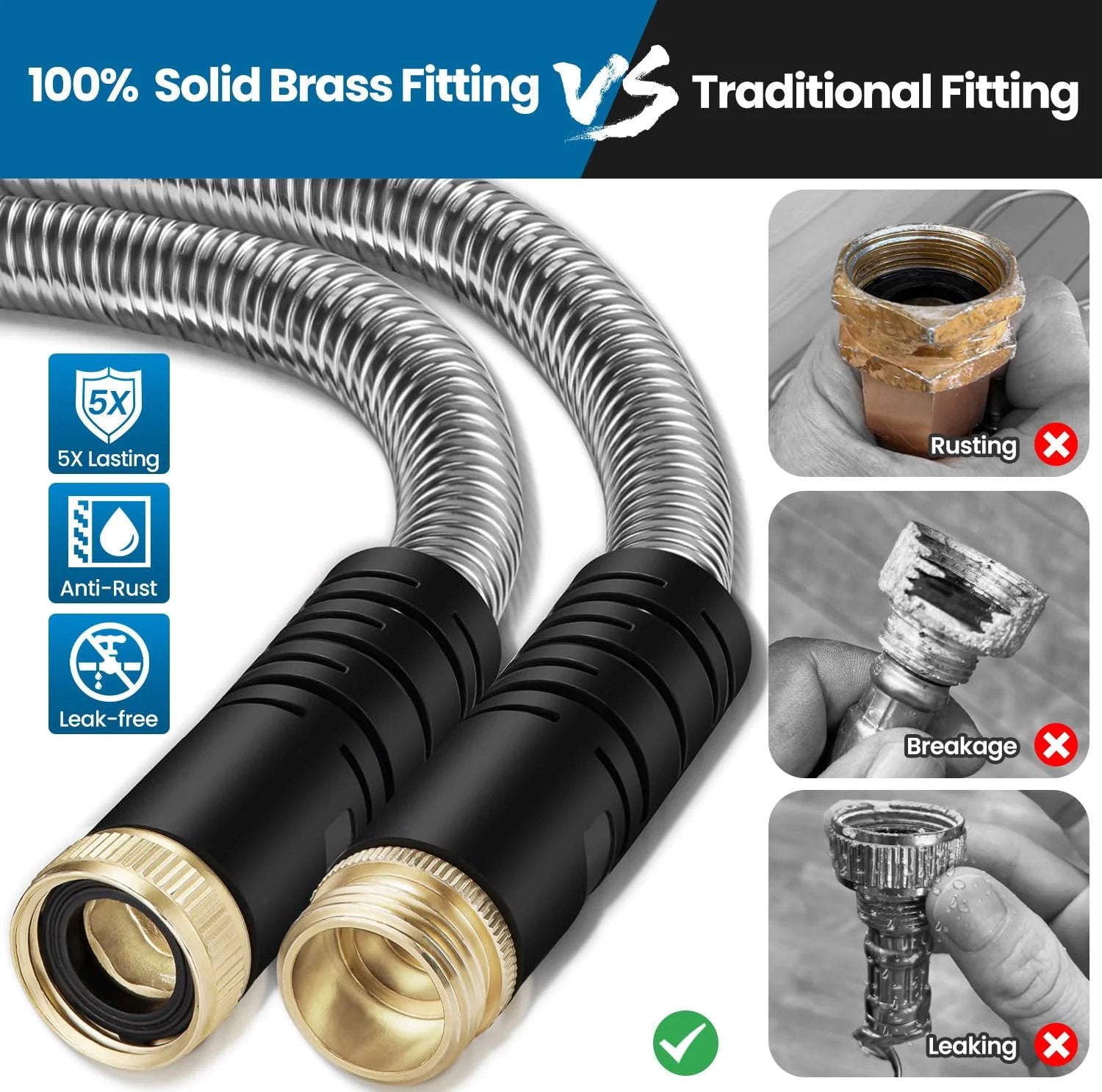 Ultra Flex Stainless Steel Garden Hose 100 Ft With 10 Function Nozzle showing brass fittings and rust comparison