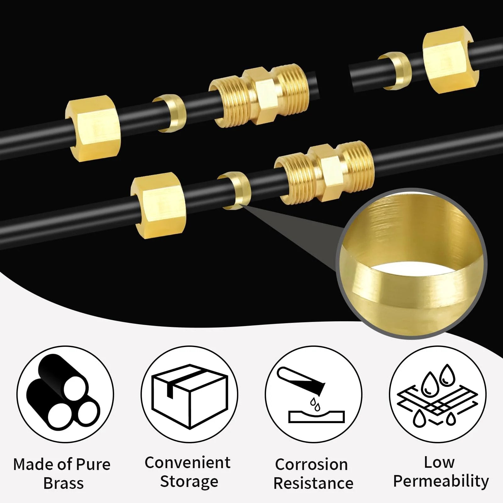 Close-up view of Brass Compression Sleeves Five Eighth Inch OD 50 Pack With Corrosion Resistant Ferrules And 304 Stainless Steel For Water Oil Air Hydraulic Lines HVAC Plumbing Universal Tube Fitting MuHize showing pure brass construction and corrosion resistance.