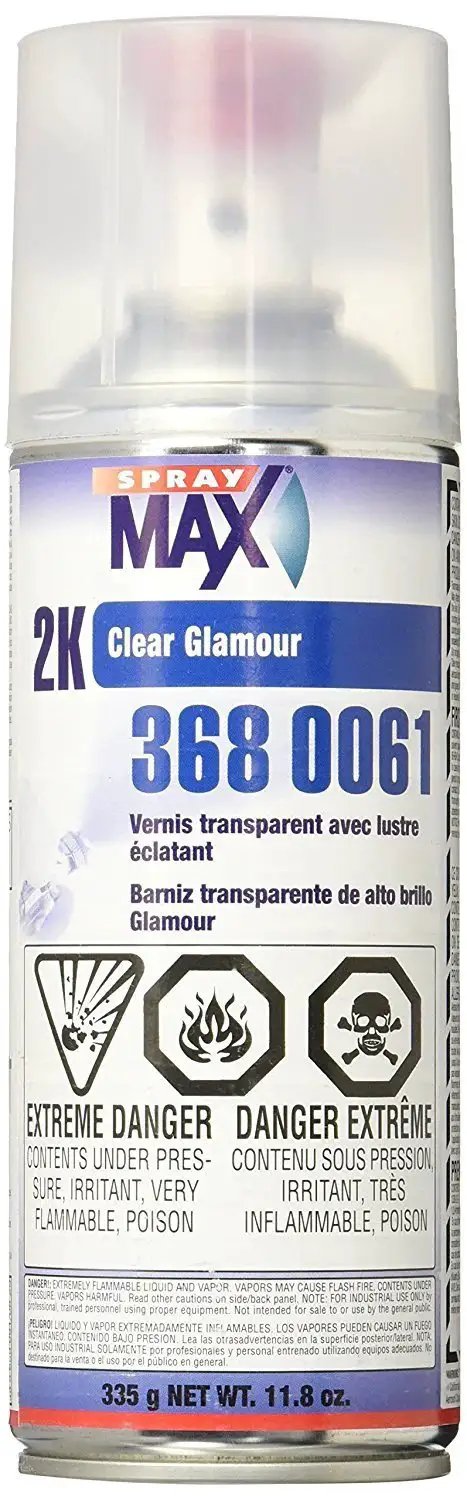 Front view of 2K High Gloss Clearcoat Aerosol For Basecoats, 2 Component Finish, product can with safety warnings and instructions.