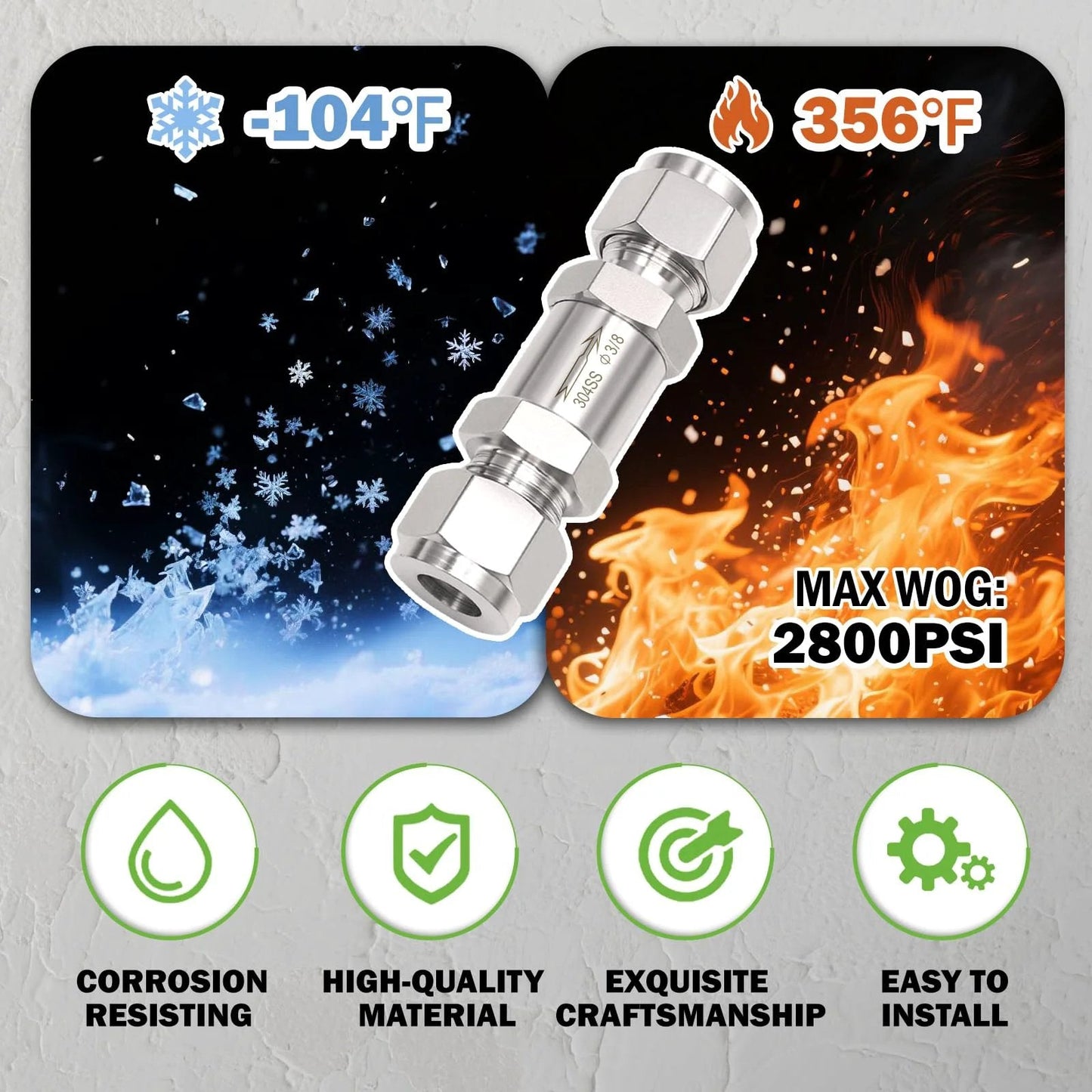 Image of Premium Heavy Duty 304 Stainless Steel Compression Check Valve for water, oil, and gas with temperature and pressure details.
