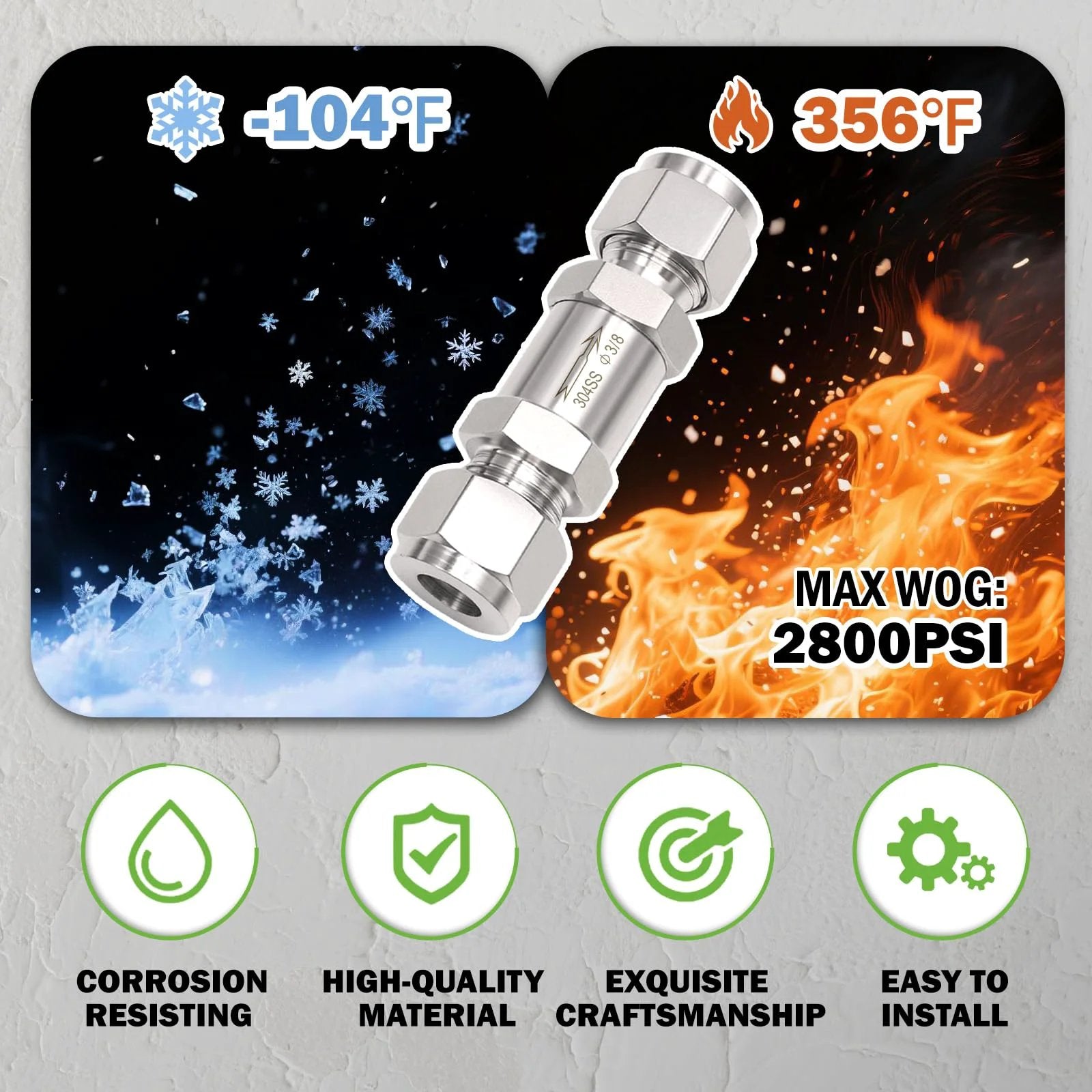 Image of Premium Heavy Duty 304 Stainless Steel Compression Check Valve for water, oil, and gas with temperature and pressure details.