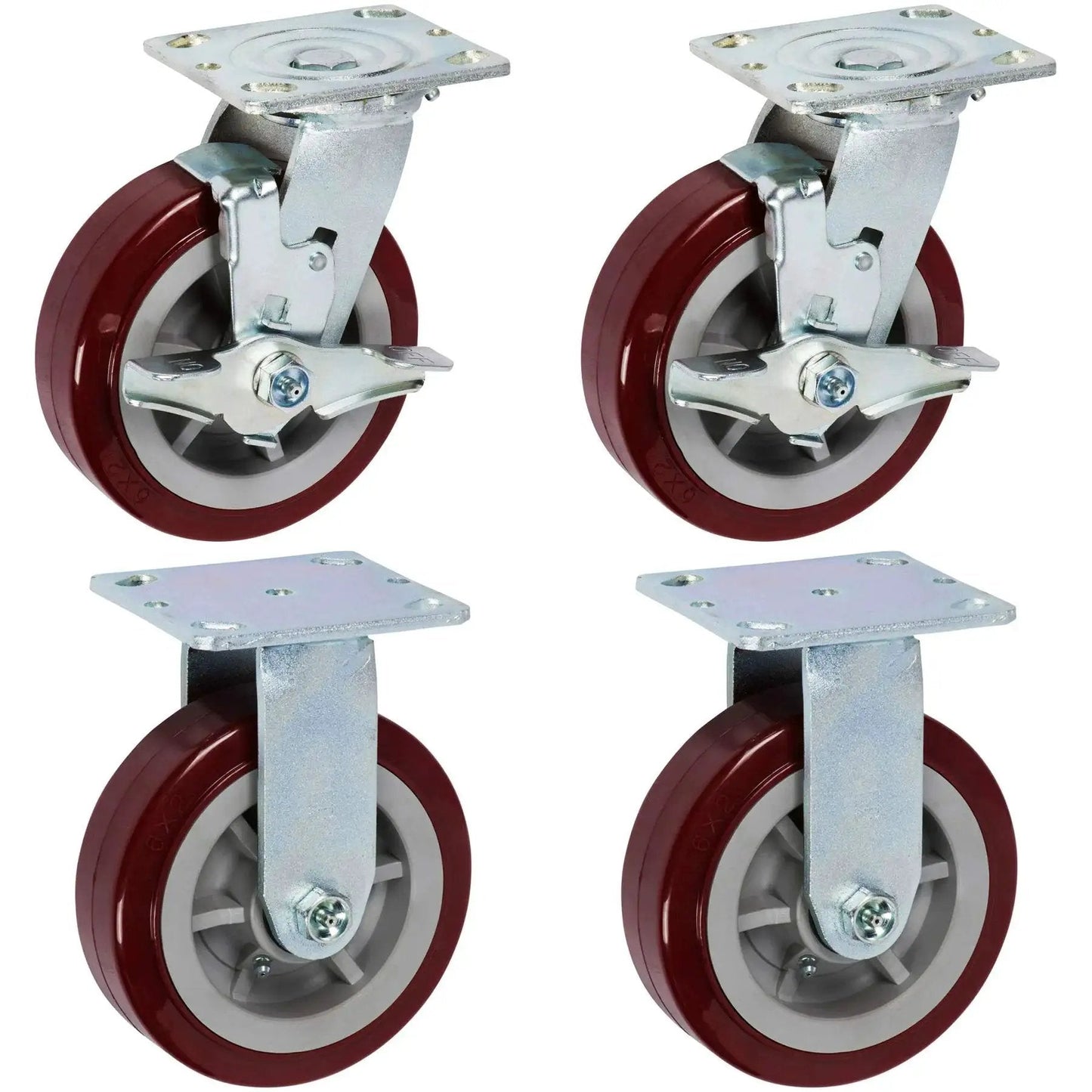 Heavy Duty Industrial Casters 6 Inch By 2 Inch With Top Plate 4 By 4.5 Maroon Two Rigid And Two Swivel Casters With Top Lock Brakes