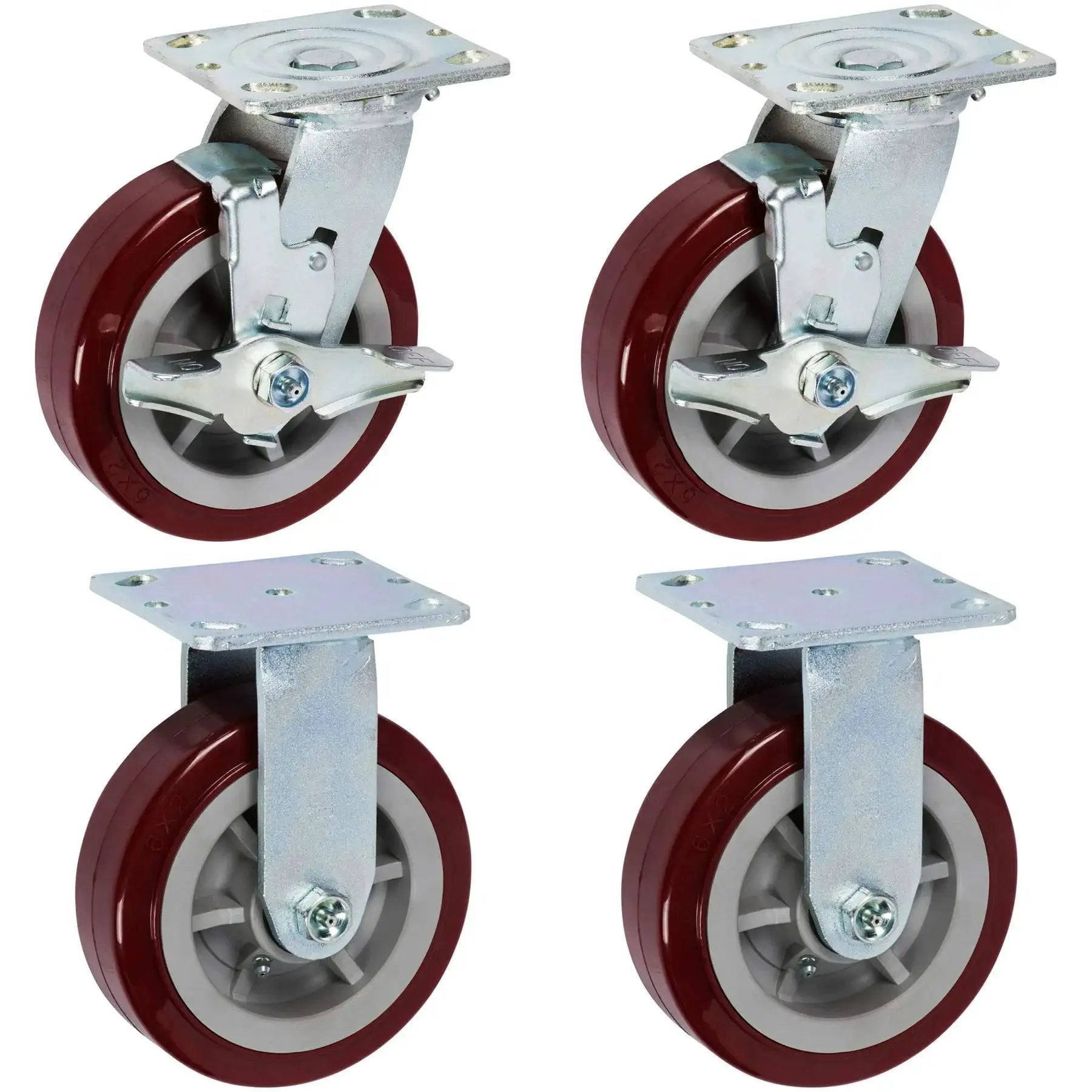 Heavy Duty Industrial Casters 6 Inch By 2 Inch With Top Plate 4 By 4.5 Maroon Two Rigid And Two Swivel Casters With Top Lock Brakes