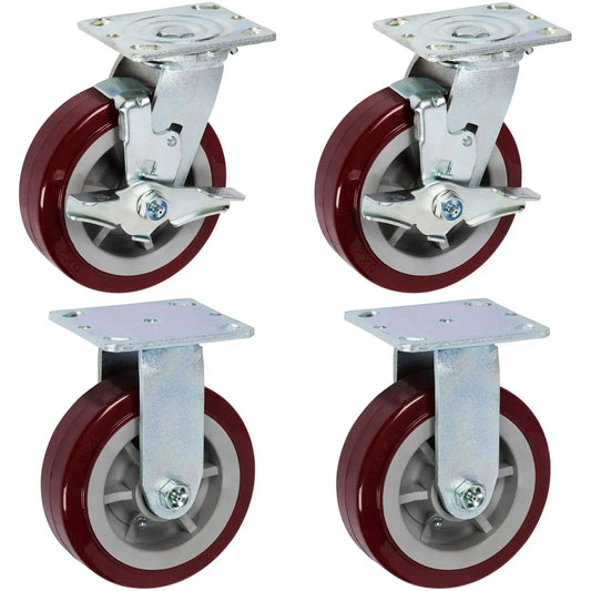 Heavy Duty Industrial Casters 6 Inch By 2 Inch With Top Plate 4 By 4.5 Maroon Two Rigid And Two Swivel Casters With Top Lock Brakes