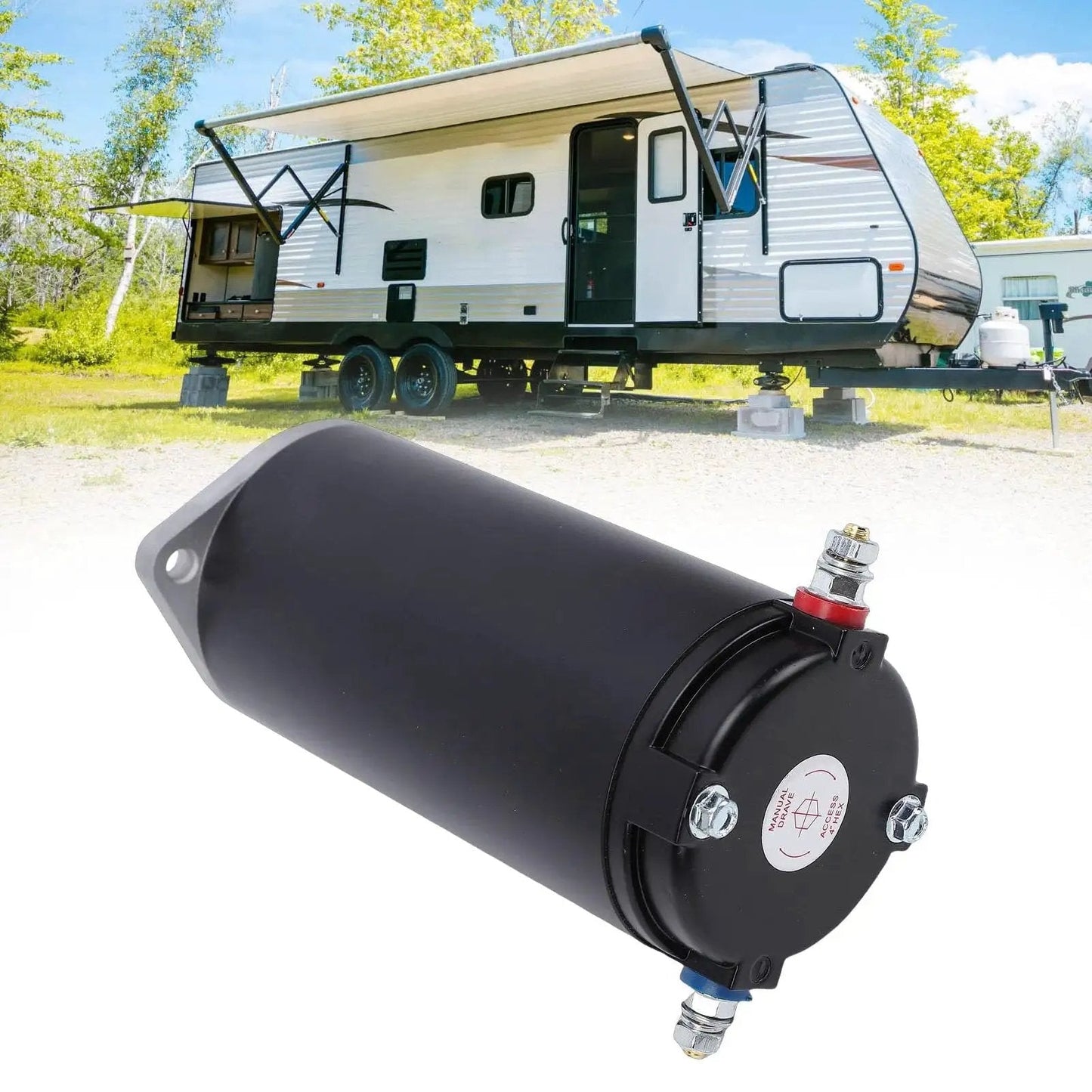 RV Leveling System Hydraulic Pump Motor OE Spec Replacement 414850 286722 with travel trailer in background