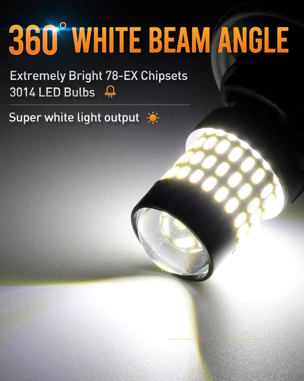 Xenon White 3157 LED Bulbs For Turn Signals Tail Lights And Backup Lights Pack Of 2 1800 Lumens Total 3.6W Each Plug And Play 9 To 30V Non Polarity Projector Style close-up of LED bulb showing light output and beam angle.