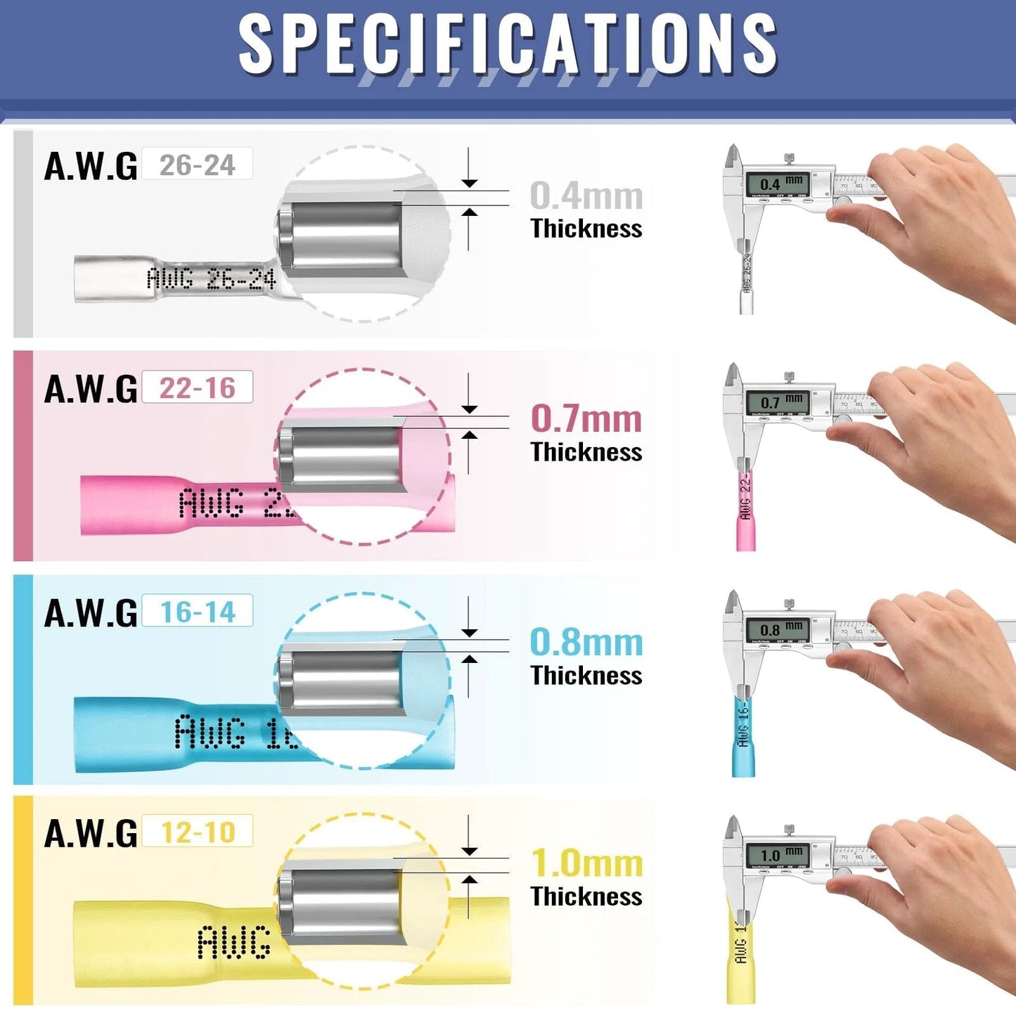 Specifications for red heat shrink butt wire connectors set for 22 16 AWG waterproof electrical wire terminals 210 pcs.