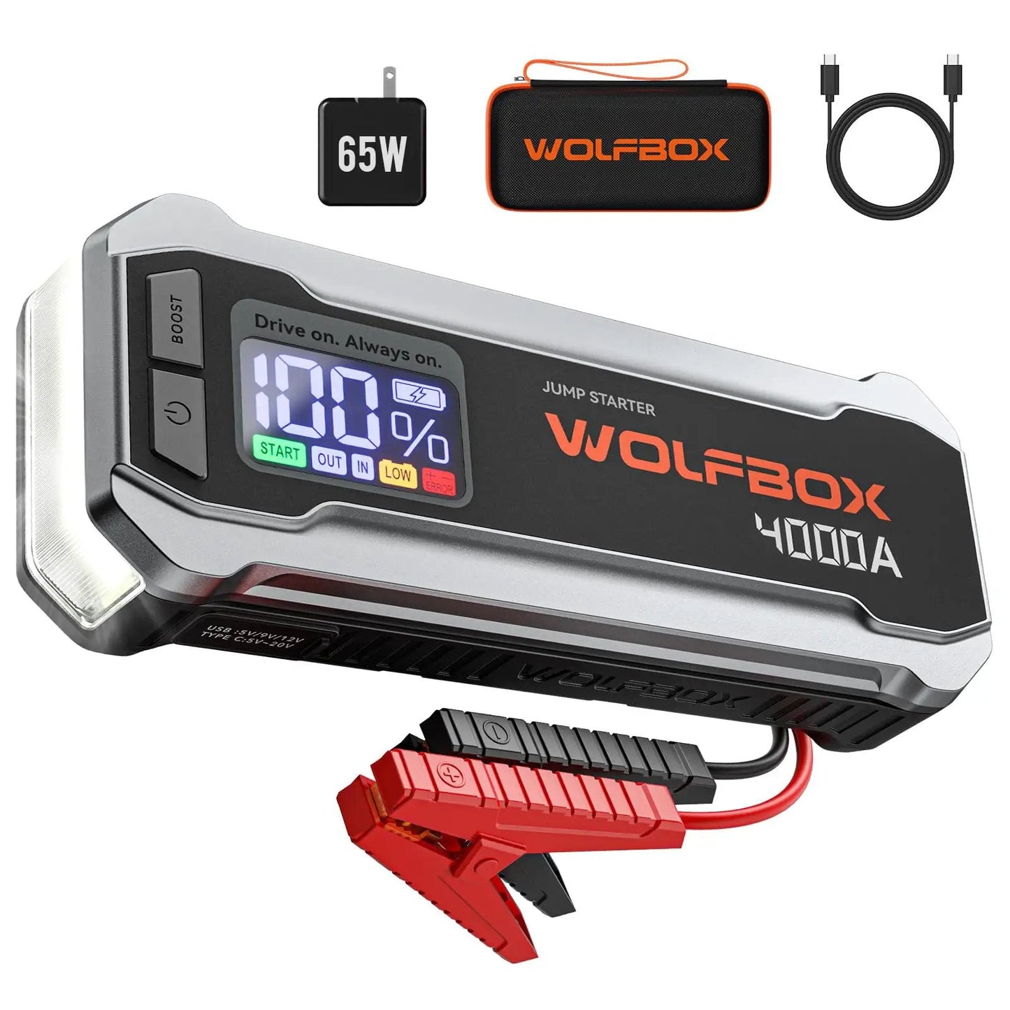 Beefy 4000A Jump Starter For 12V Cars Trucks Boats With 65W Quick Charge LED Display And 88.8Wh Battery Pack Wolfbox Jump Starter Kit With Cables Includes Heavy Duty Cables, showing device with displays and heavy-duty cables.