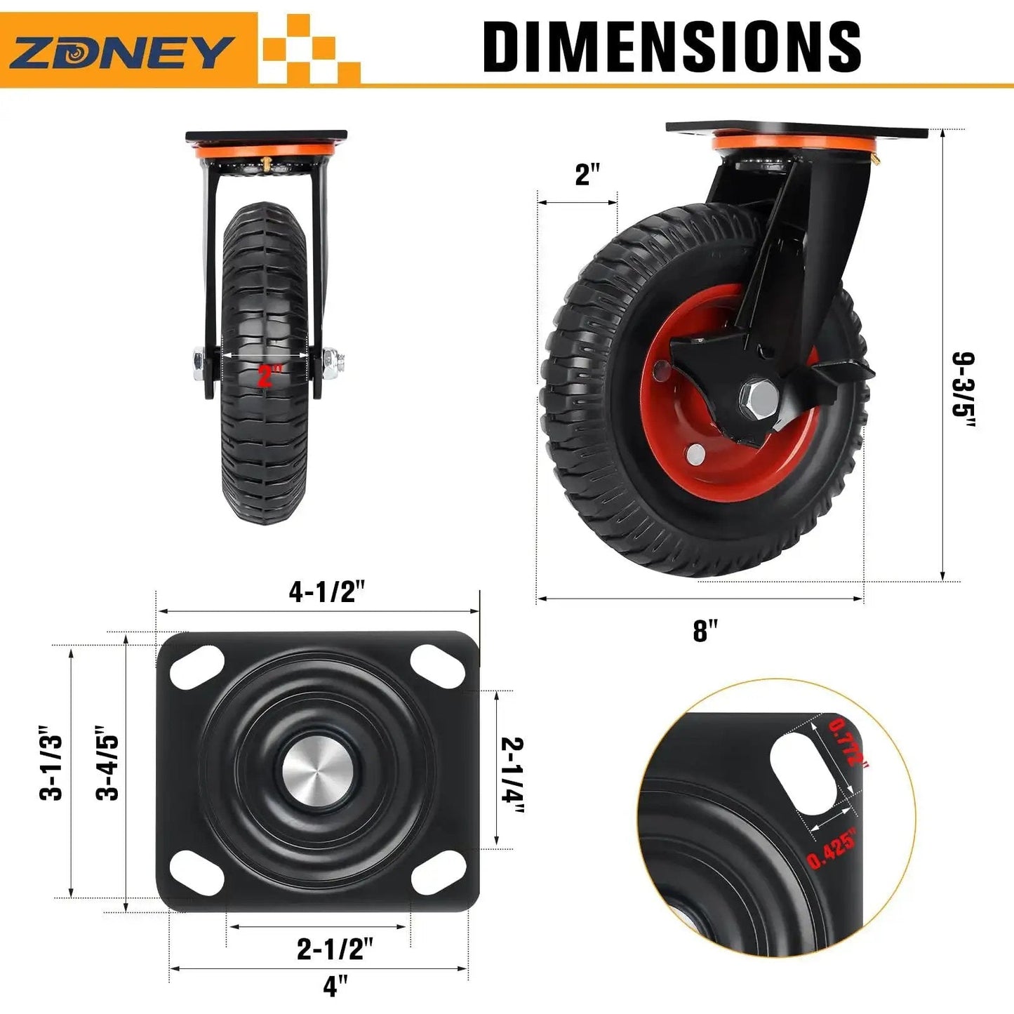 Heavy Duty 8 Inch By 2 Inch Casters Set Of 4 With 3600 Lb Total Capacity And 900 Lb Per Caster Solid Rubber Wheels dimensions