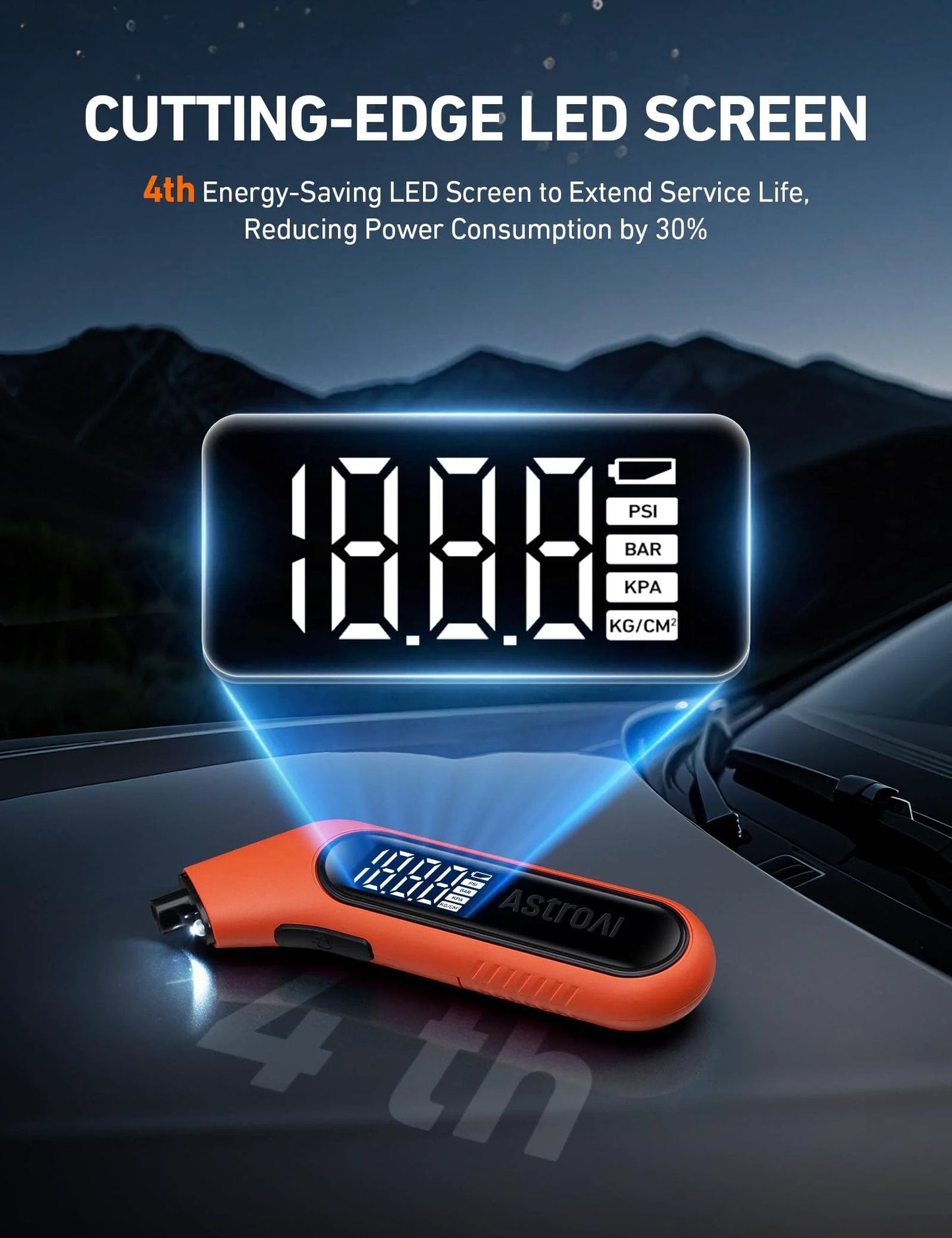 Digital Tire Pressure Gauge 3-300 PSI With Backlit Display And Flashlight, displayed on a car hood, orange AstroAI.