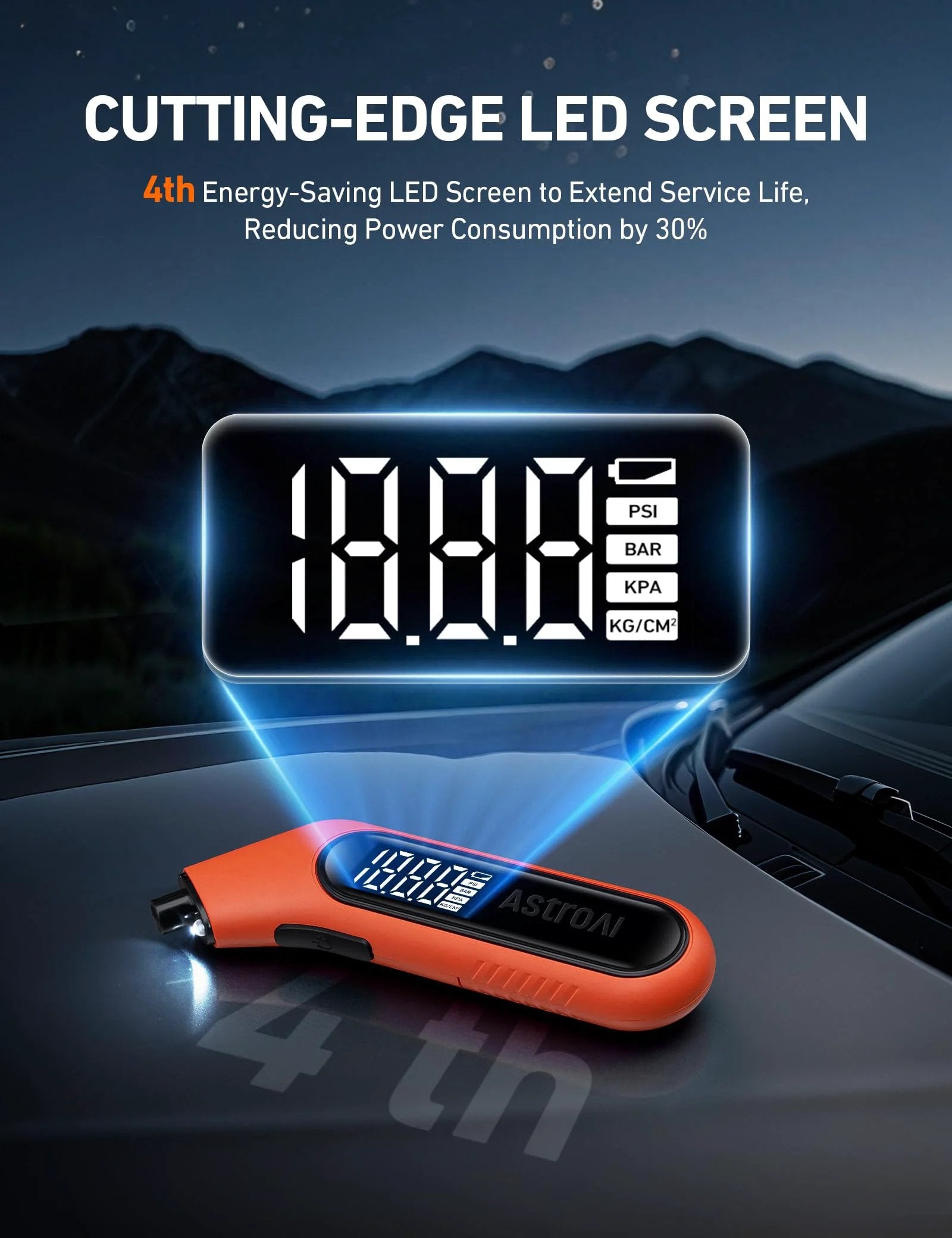Digital Tire Pressure Gauge 3-300 PSI With Backlit Display And Flashlight, displayed on a car hood, orange AstroAI.