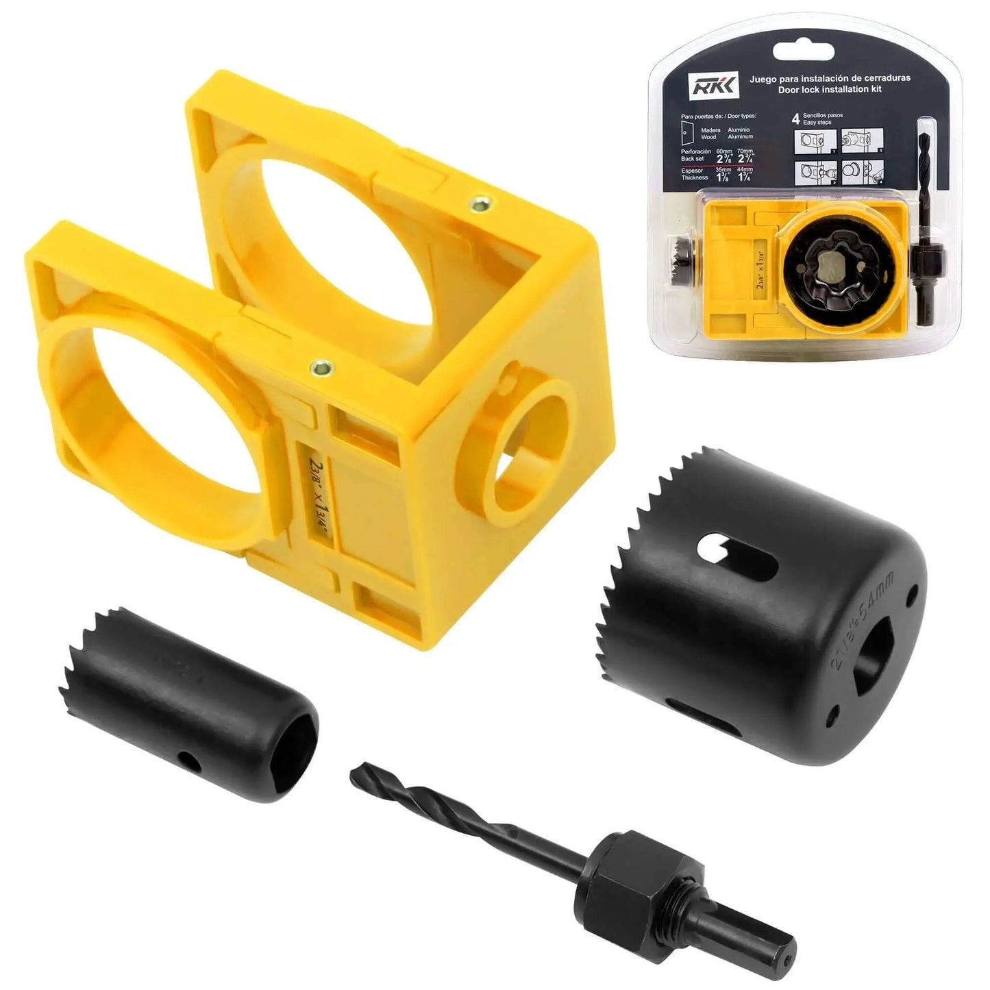 Door Lock Installation Kit For Deadbolt And Door Knob Holes With Adjustable Plastic Guide Template And Two Hole Saws Two And One Eighth Inch And One Inch Must Have For DIYers RKK, showing yellow template and black hole saws.