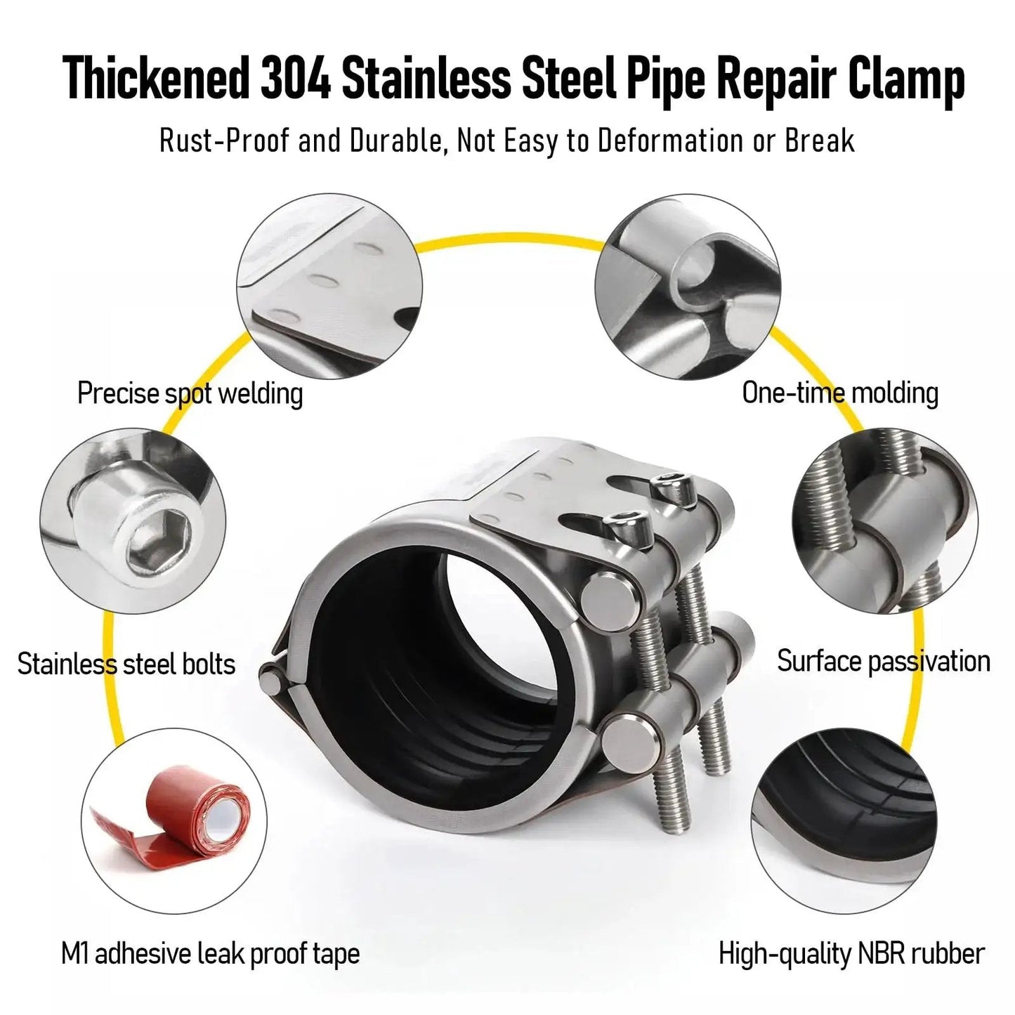 Upgraded Pipe Repair Clamp With M1 Self Adhesive Leak Sealing Tape Delivers Airtight Instant Bond For Plastic And Metal Pipes In A Durable 304 Stainless Steel Rust Proof Emergency Repair Kit For Three Quarter Inch Pipes 25 To 28 Millimeter Kodilin, showing stainless steel construction and components