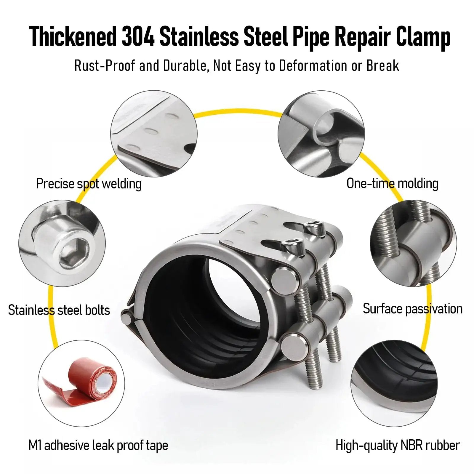 Upgraded Pipe Repair Clamp With M1 Self Adhesive Leak Sealing Tape Delivers Airtight Instant Bond For Plastic And Metal Pipes In A Durable 304 Stainless Steel Rust Proof Emergency Repair Kit For Three Quarter Inch Pipes 25 To 28 Millimeter Kodilin, showing stainless steel construction and components