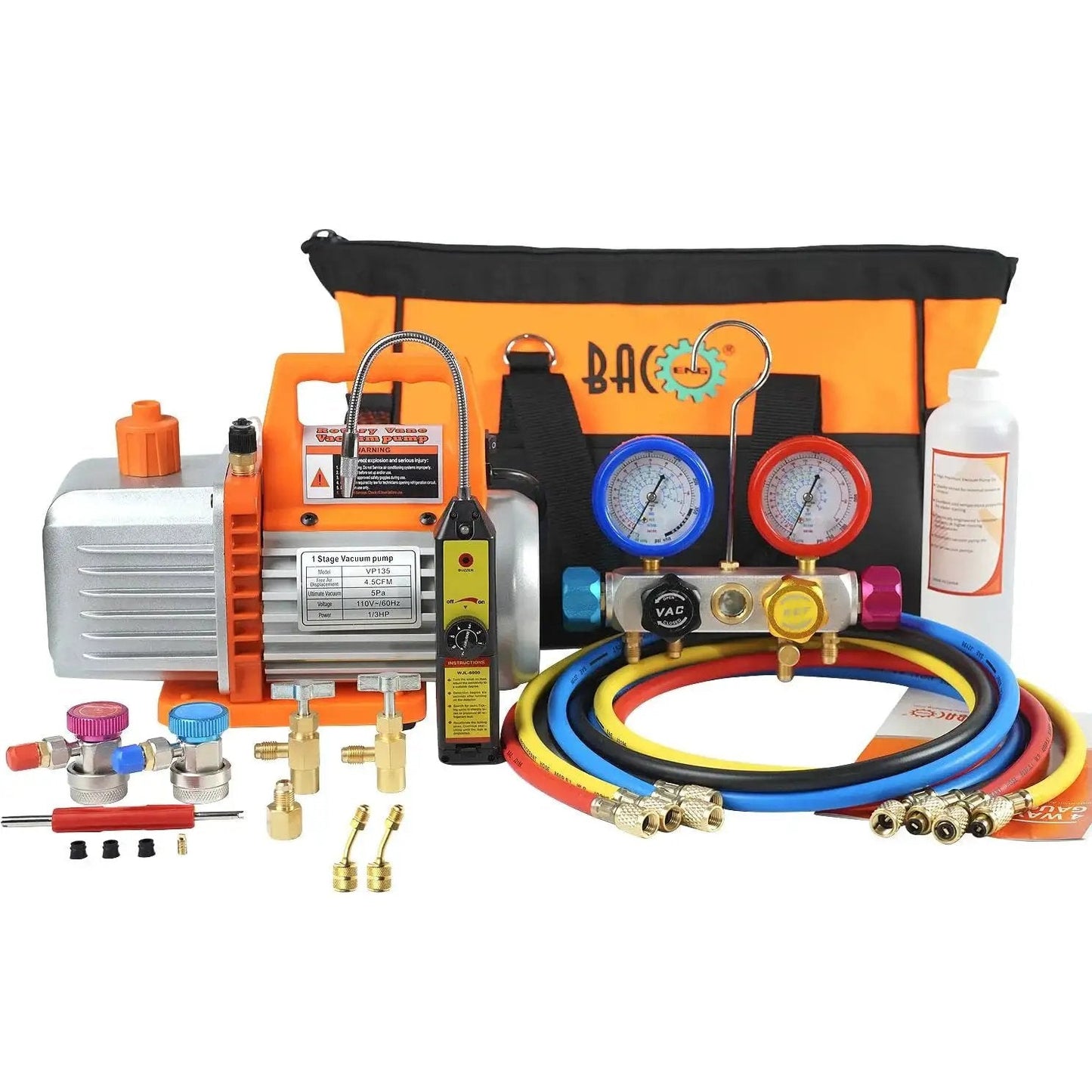 Efficient 4.5 CFM HVAC vacuum pump kit with a 4-way gauge and leak detector for fast, reliable evacuations of R134a, R410a, and R22 systems