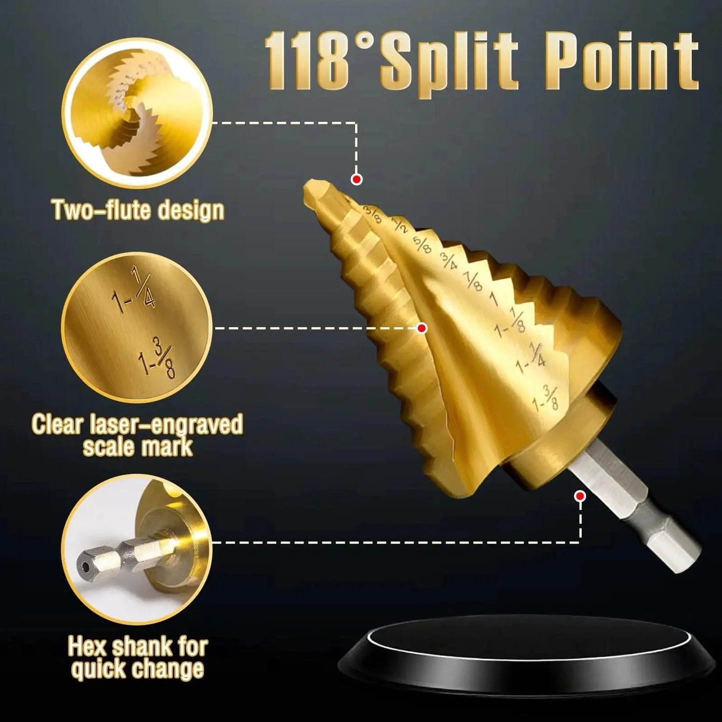 Five Piece Titanium Step Drill Bit Set With Fifty Sizes From Three Sixteenth Inch To One And Three Eighths Inch For Metal Aluminum Wood And Plastic HSS Step Bit With Titanium Coating And Two Spiral Grooved For Electricians And DIY Projects showing 118° split point and hex shank