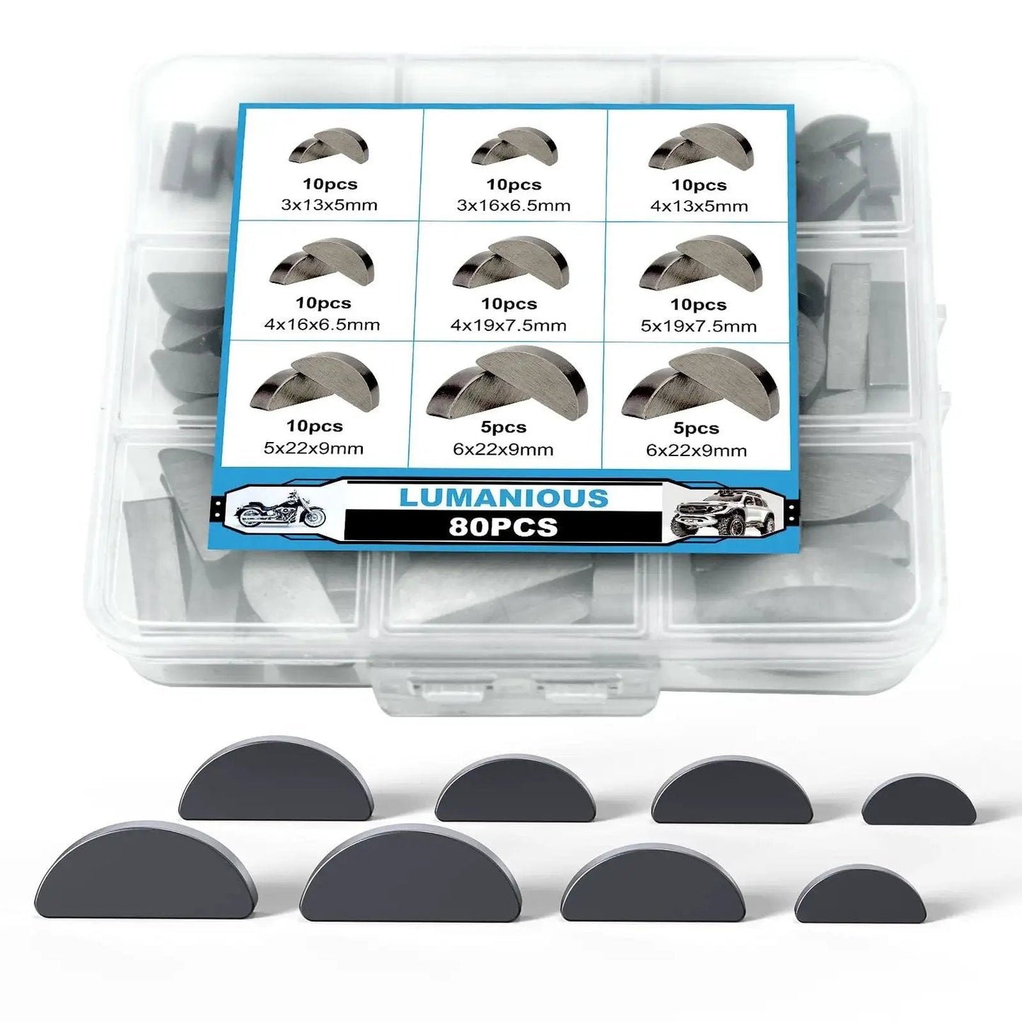 Woodruff Key Set 80 Pieces 9 Sizes Carbon Steel Pro Grade Semicircular Half Moon Keys for Fasteners in Mechanical Industry