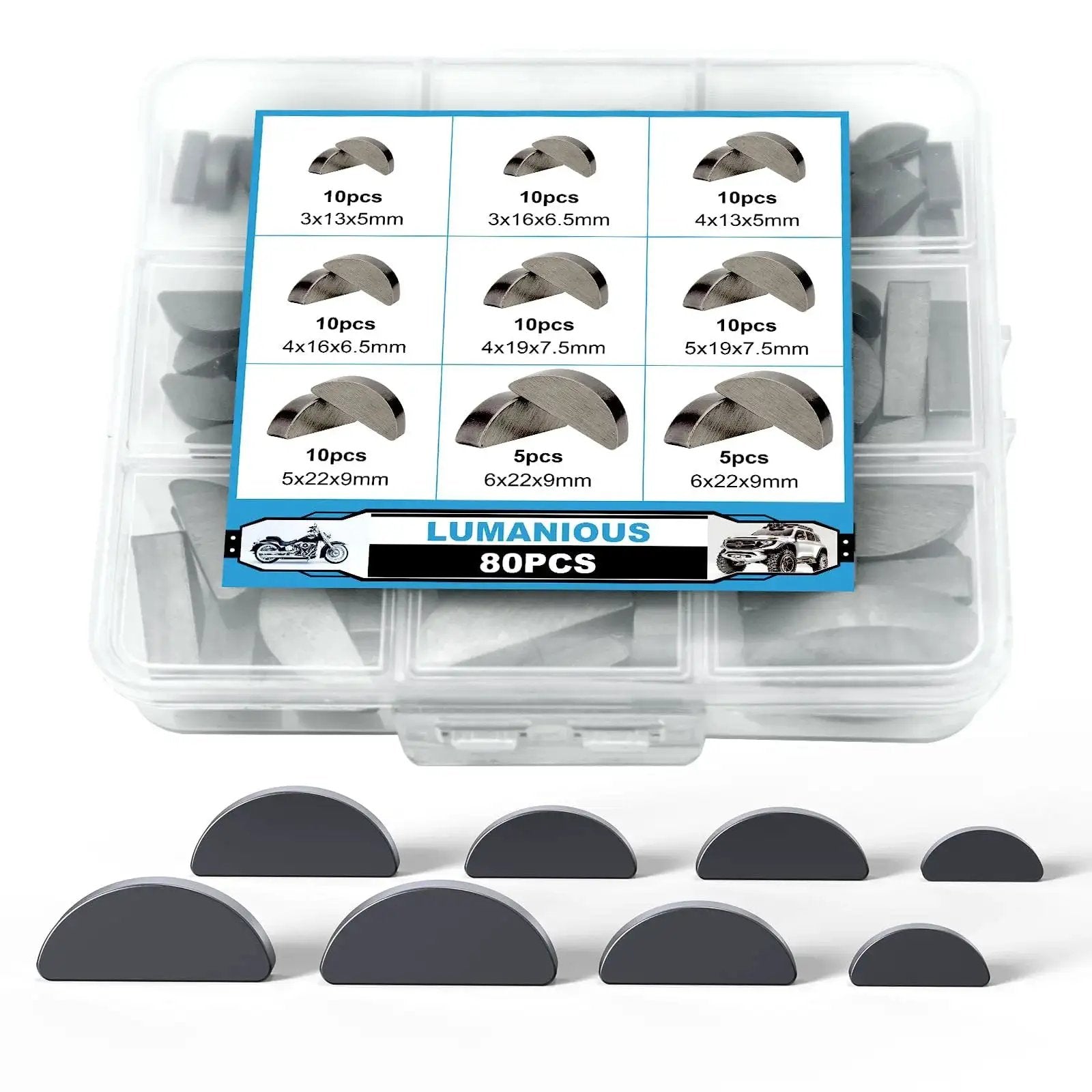 Woodruff Key Set 80 Pieces 9 Sizes Carbon Steel Pro Grade Semicircular Half Moon Keys for Fasteners in Mechanical Industry