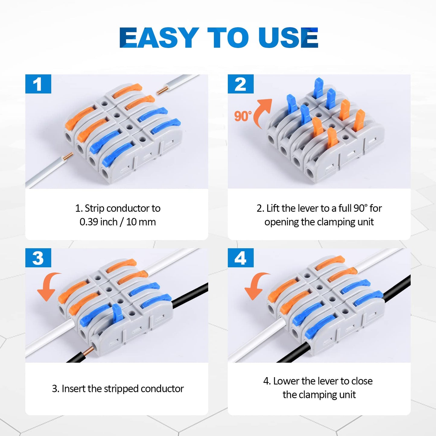 Steps to use Lever Wire Connectors Quick Connect Splicing Kit For Compact Inline Terminals 28-12 AWG 1 In 1 Out Multicolored 60-Piece Set
