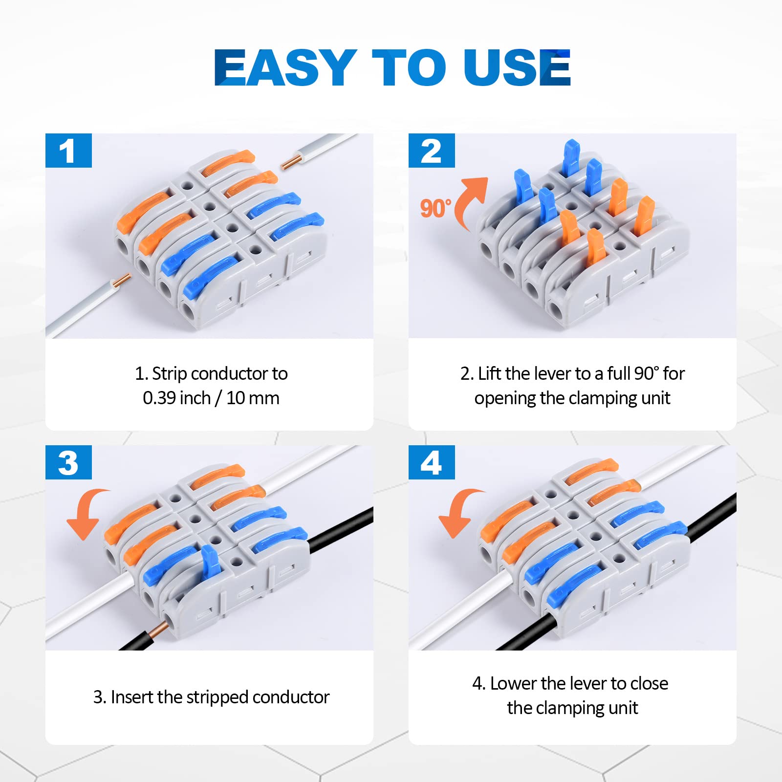 Steps to use Lever Wire Connectors Quick Connect Splicing Kit For Compact Inline Terminals 28-12 AWG 1 In 1 Out Multicolored 60-Piece Set