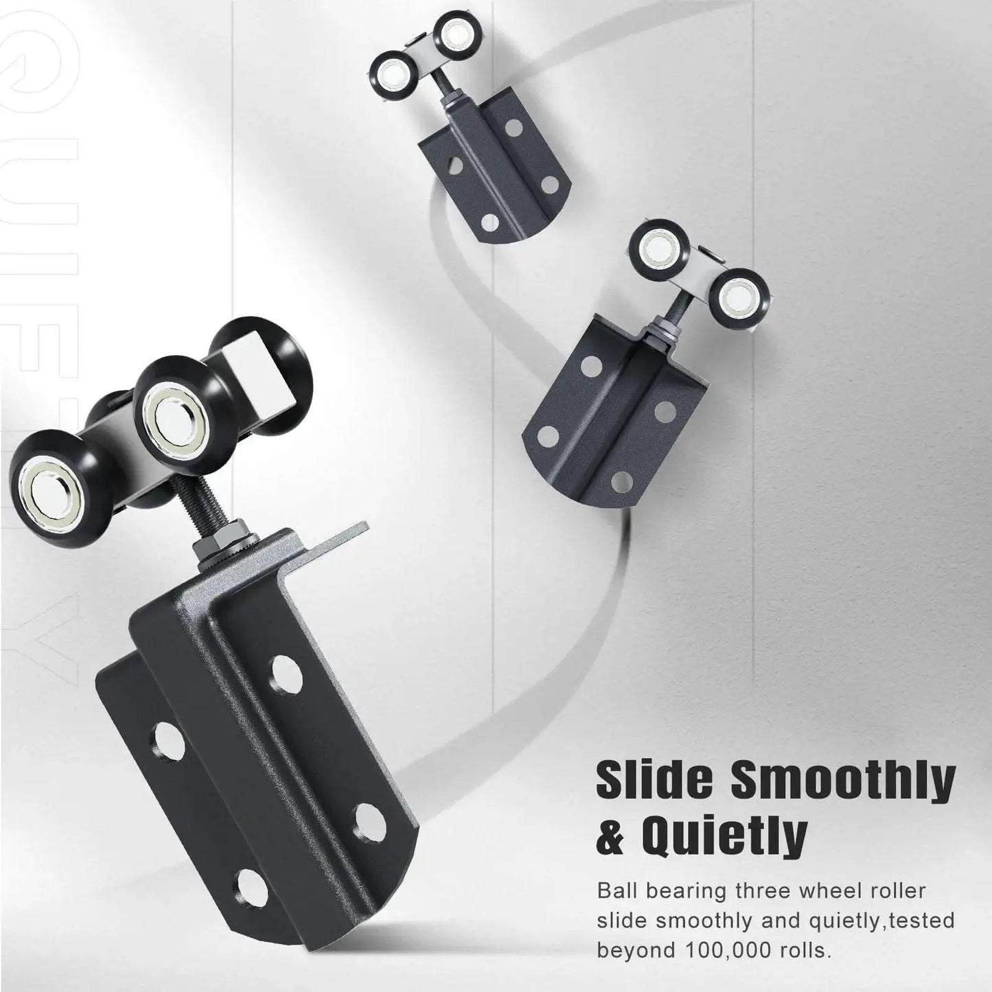 Close-up view of Exterior Sliding Barn Door Hardware Kit With Box Rail Track 8 Foot Length 450 Pound Capacity Black Wheels.