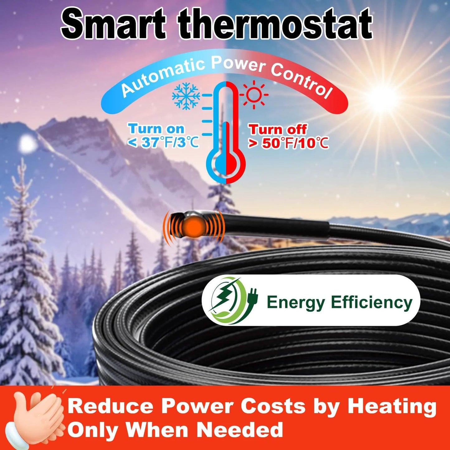 Self Regulating Pipe Heating Cable That Prevents Freezing And Keeps Water Flowing 120 Volt 6 Foot Heat Tape For Water Pipes CSA And ETL Certified Energy Efficient Durable 7 Watt Per Foot Reliable Performance For Home And Garage HeatIt coiled with energy efficiency symbol and thermostat heating control.