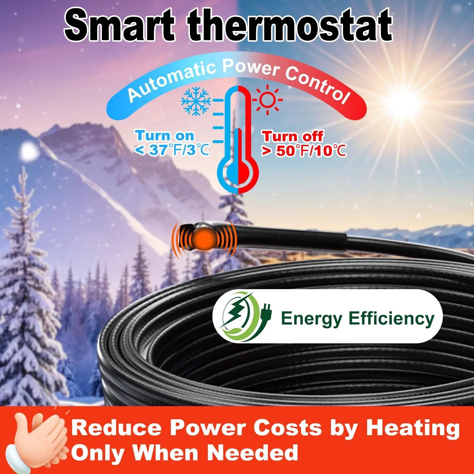 Self Regulating Pipe Heating Cable That Prevents Freezing And Keeps Water Flowing 120 Volt 6 Foot Heat Tape For Water Pipes CSA And ETL Certified Energy Efficient Durable 7 Watt Per Foot Reliable Performance For Home And Garage HeatIt coiled with energy efficiency symbol and thermostat heating control.