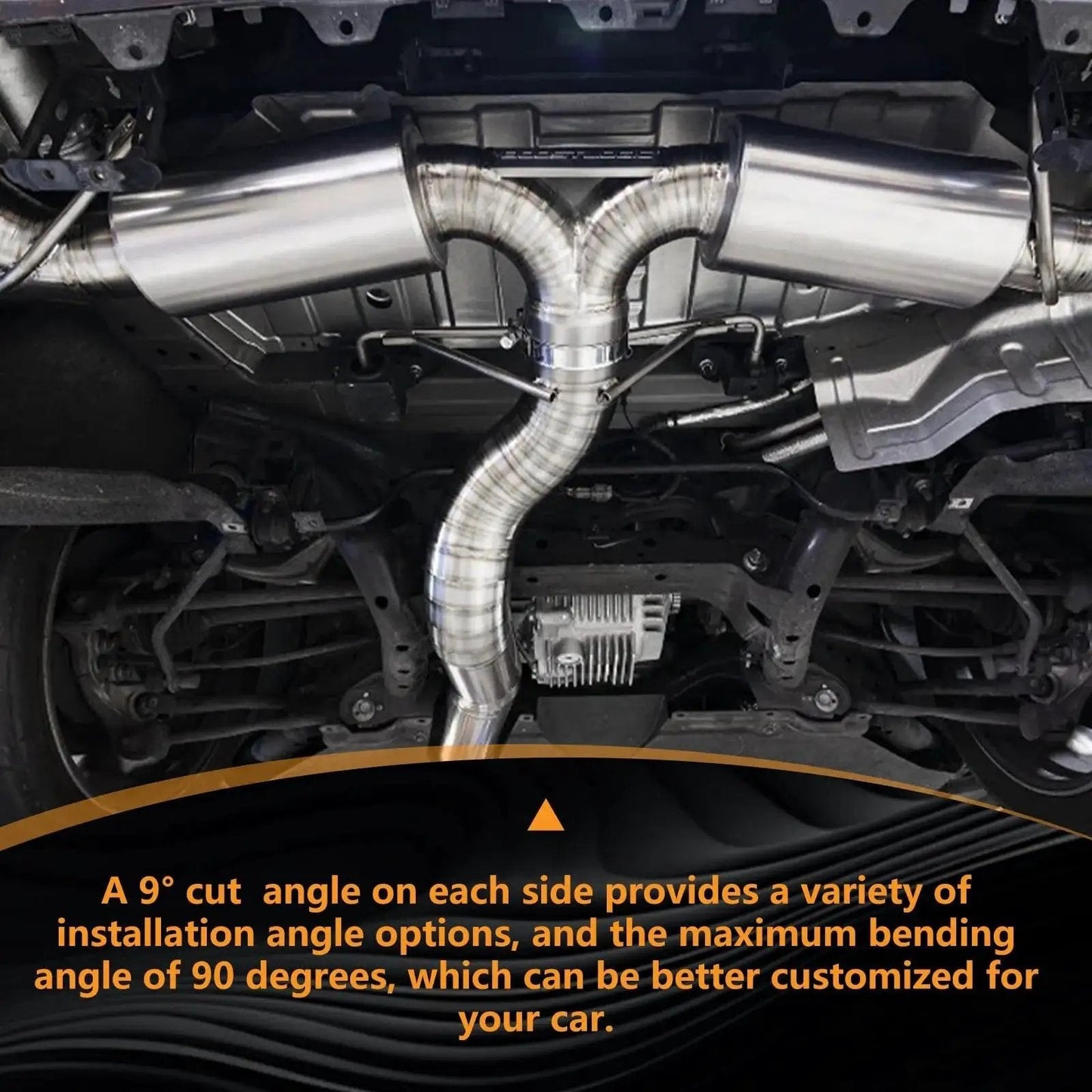 Installed 304 Stainless Steel Pie Cuts 3 Inch Polished Deburred Exhaust Cutouts 5 Pcs forming a 90-degree bend in exhaust system