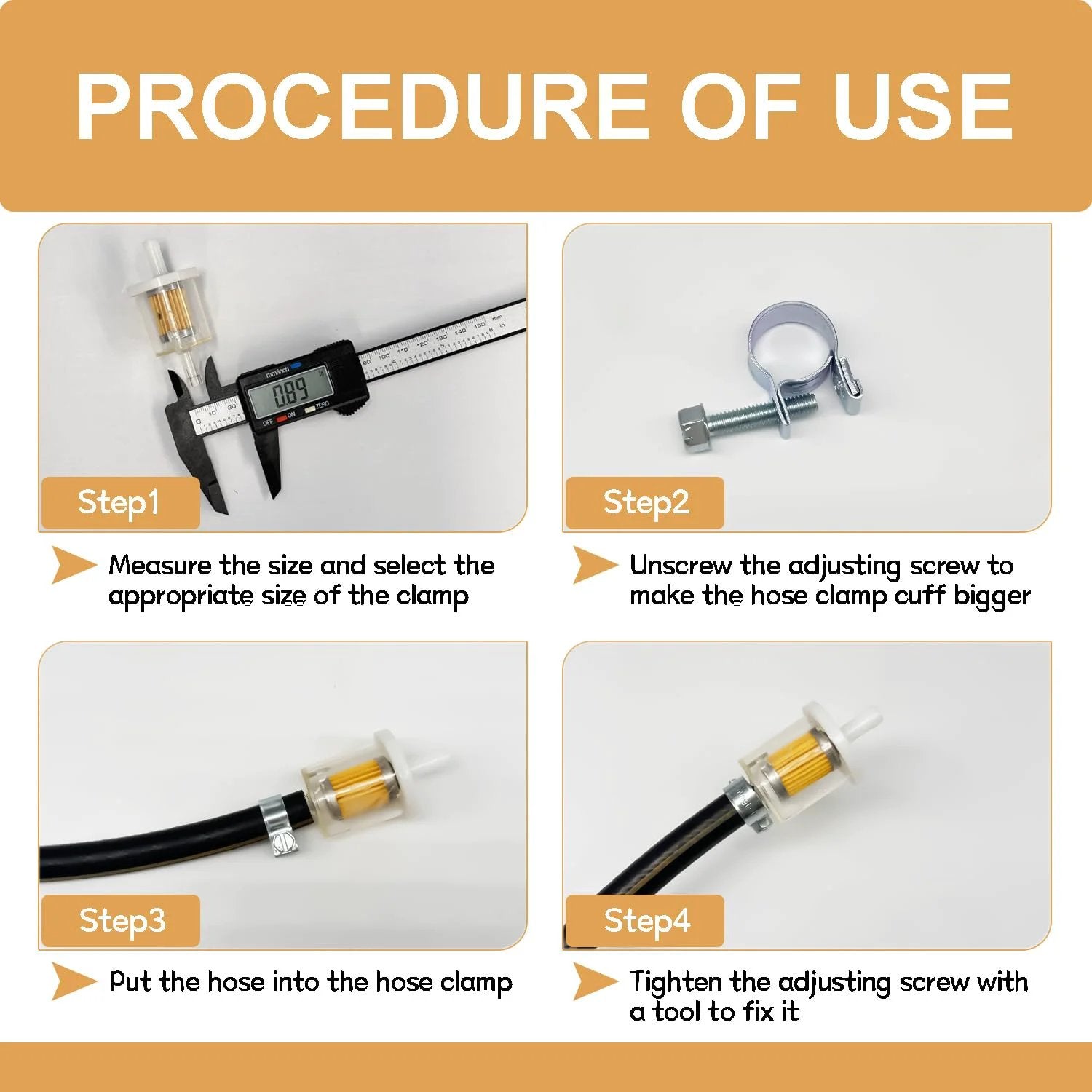 34 Piece Fuel Injection Hose Clamp Kit For Auto Diesel Petrol Engines DIY Friendly Range Eight To Eighteen Millimeter Zinc Plated Rust Resistant Hose Clamp Set procedure of use instructions with four steps.