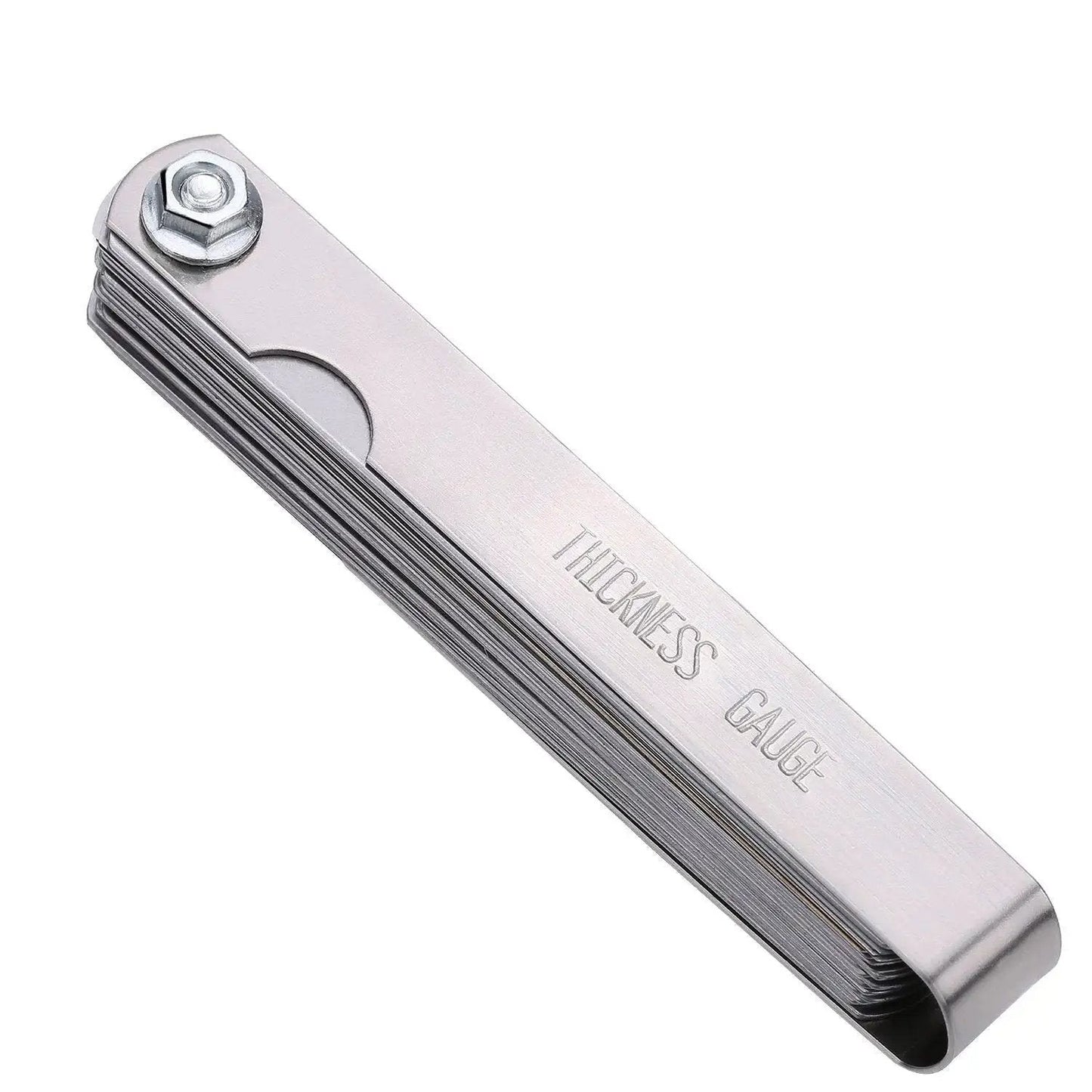32 Stainless Steel Blades Feeler Gauge Dual Marked Metric And Imperial Gap Gauge for precise clearance checks, folded view.