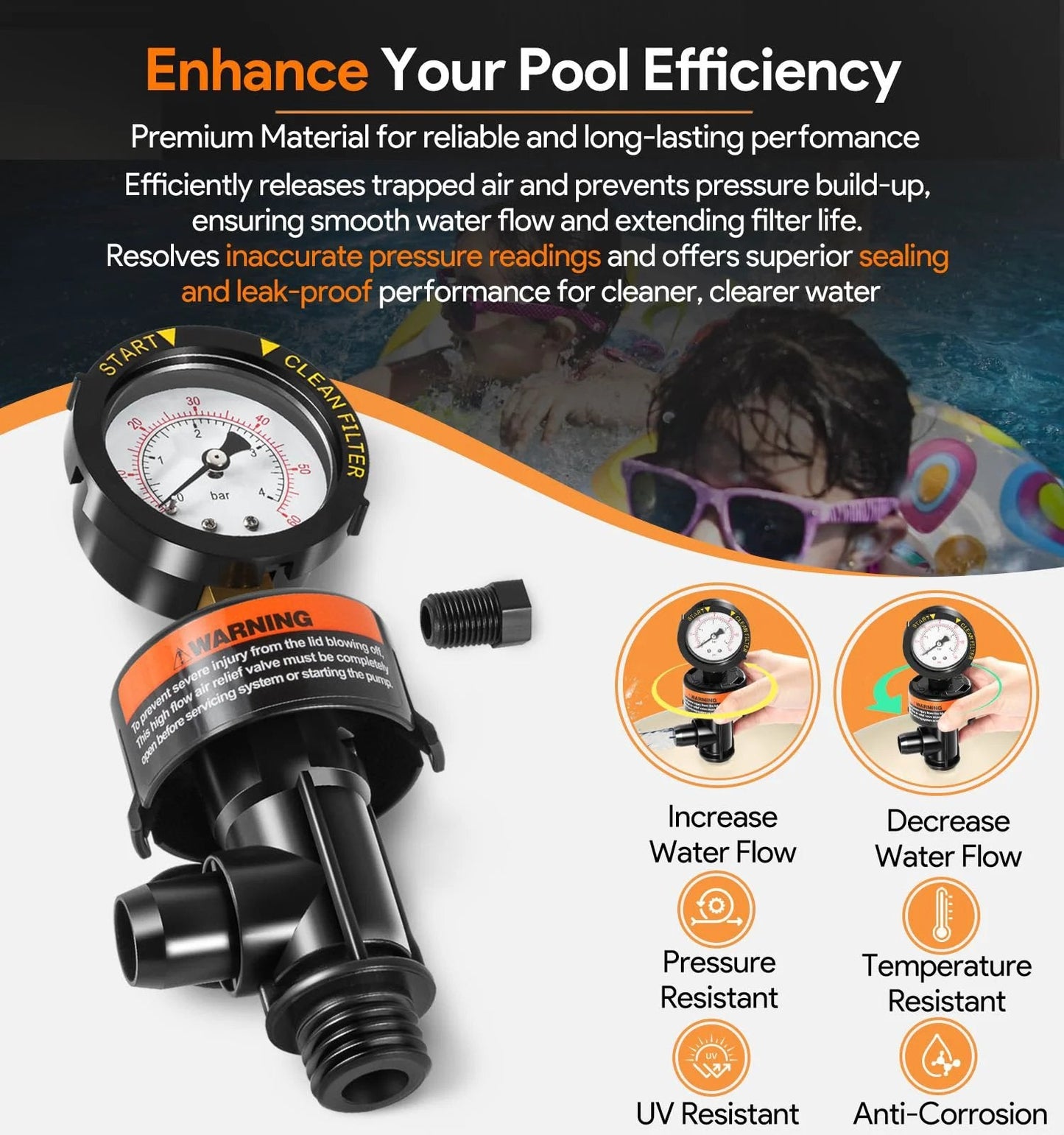 High Flow Manual Air Relief Valve With Pressure Gauge Top Mount Replacement For Pool And Spa Filters Fits Pentair FNS And Clean And Clear Series EasyClean Warrior Predator Models with pressure gauge and attachments shown