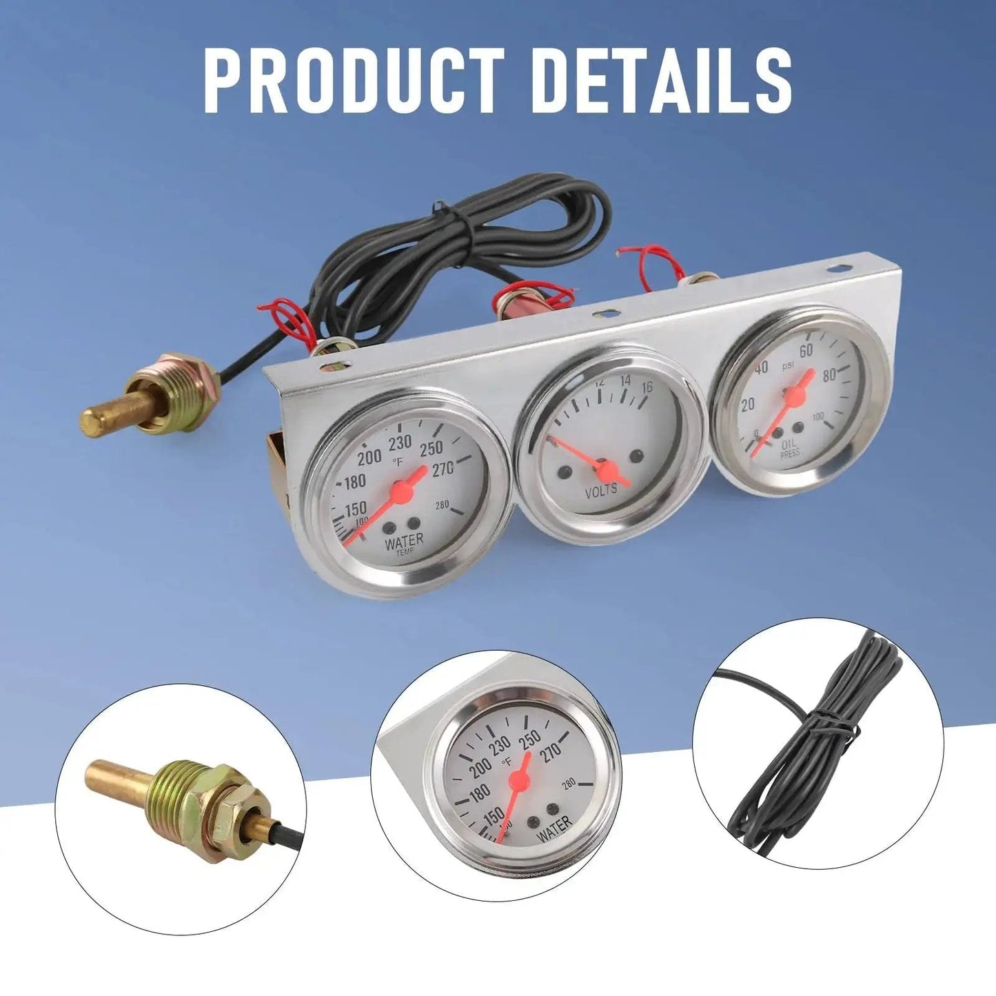 Image of 2 Inch Triple Gauge Kit with Oil Pressure Gauge 0-100 PSI, Water Temperature Gauge 100-280F, Voltmeter 8-16V, White Face Dial