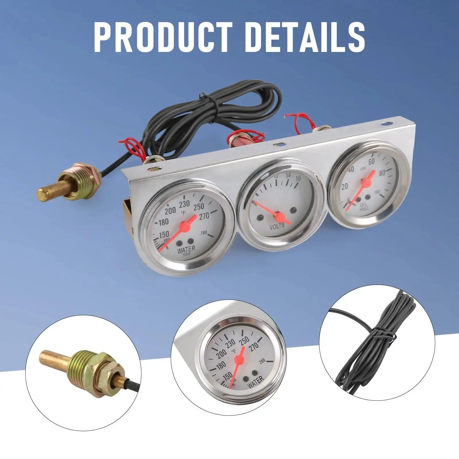 Image of 2 Inch Triple Gauge Kit with Oil Pressure Gauge 0-100 PSI, Water Temperature Gauge 100-280F, Voltmeter 8-16V, White Face Dial