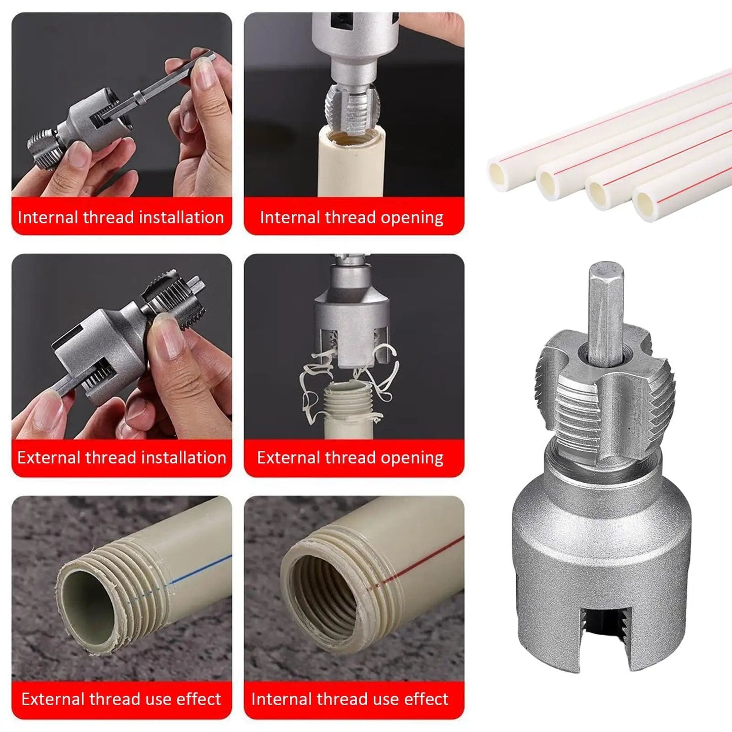 2 In 1 Internal And External Pipe Threading Tool For One Half And Three Quarter Inch PVC Pipe, Electric Drill Compatible Kit in use