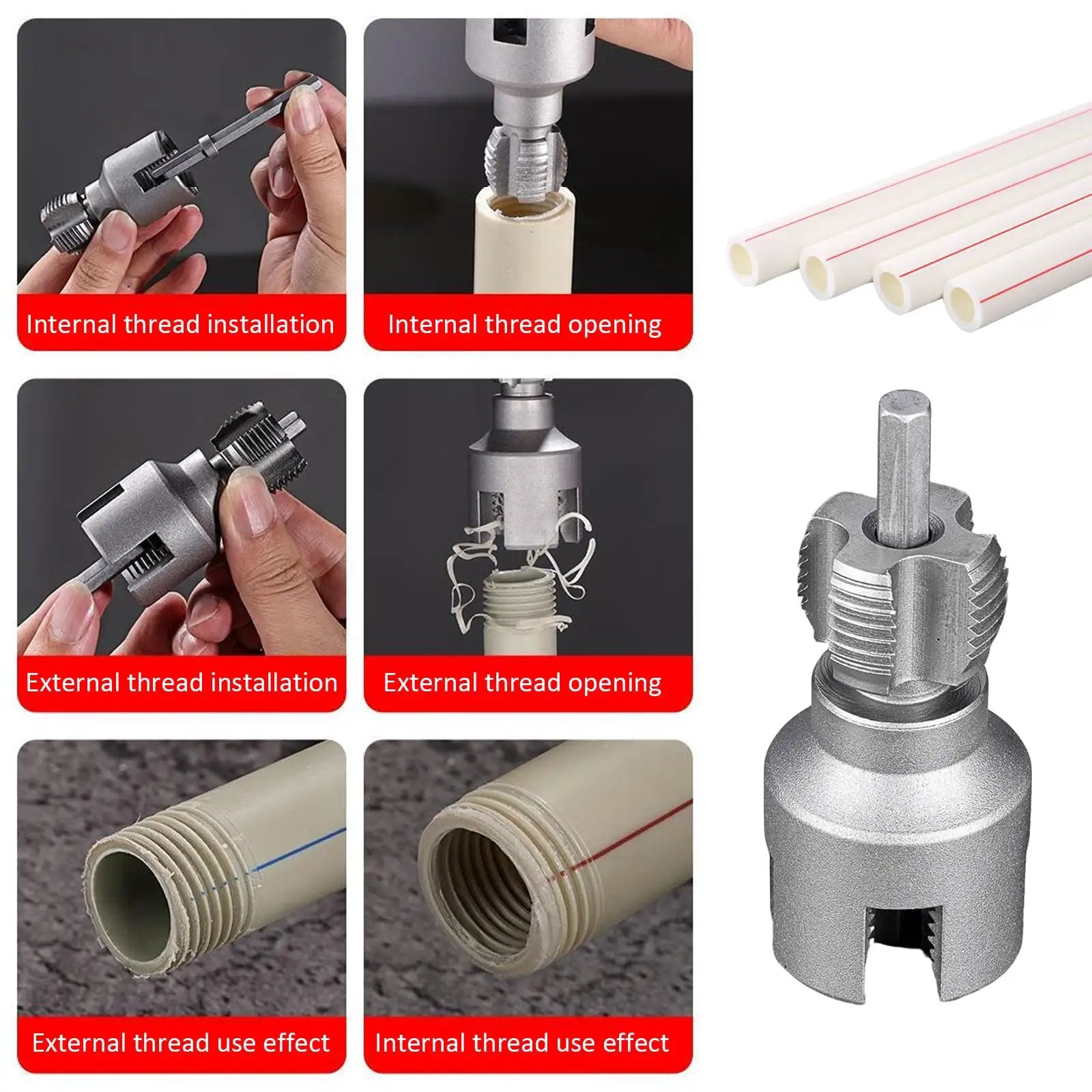 2 In 1 Internal And External Pipe Threading Tool For One Half And Three Quarter Inch PVC Pipe, Electric Drill Compatible Kit in use