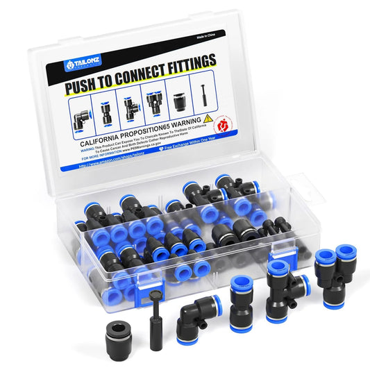 One Quarter Inch Push To Connect Pneumatic Fittings Kit With Sixty Pieces Including Ten Tees Ten Elbows Ten Straights in box