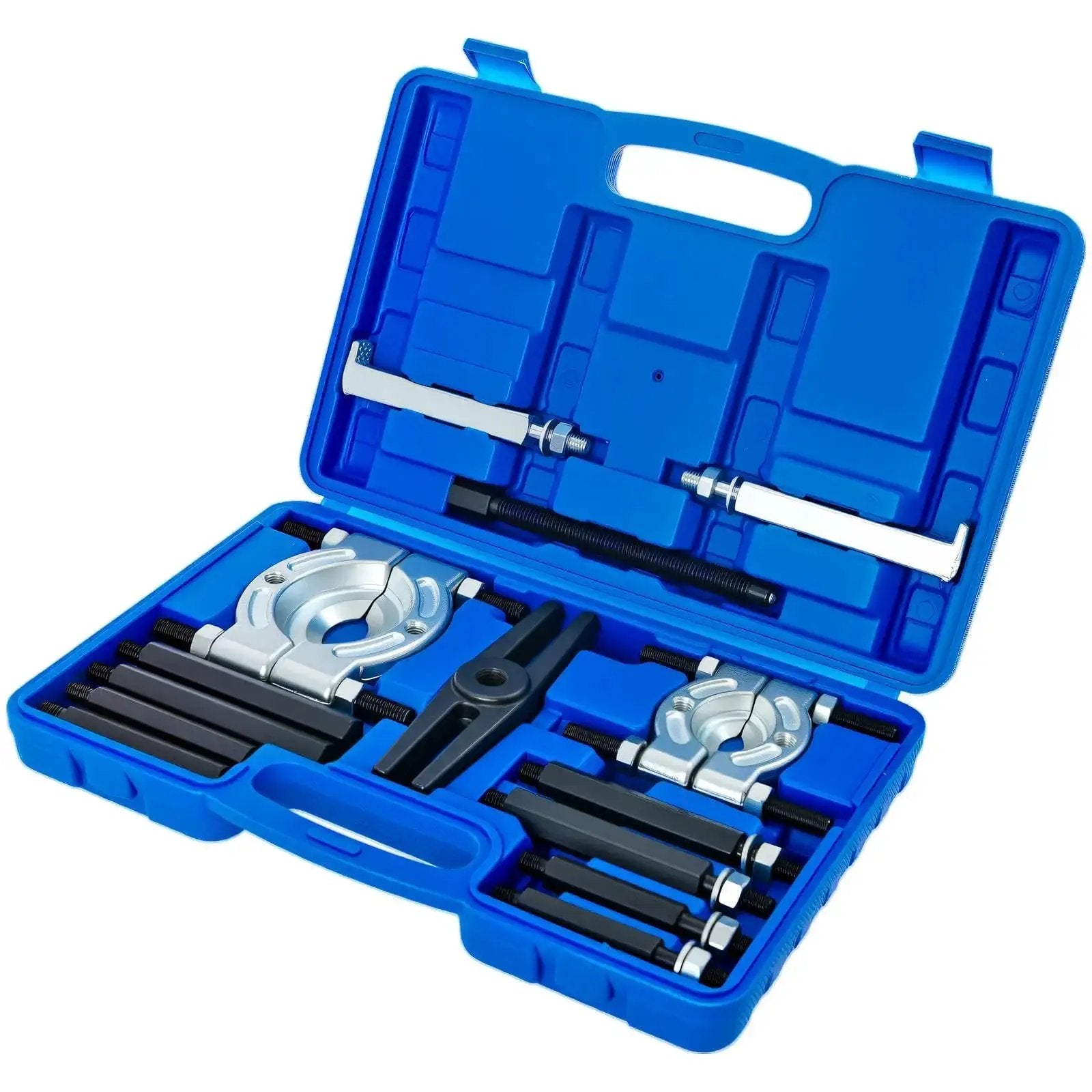 Open case of 14 Piece Bearing Separator Puller Set 2 Inch And 3 Inch Heavy Duty 5 Ton Bearing Puller Kit with tools displayed